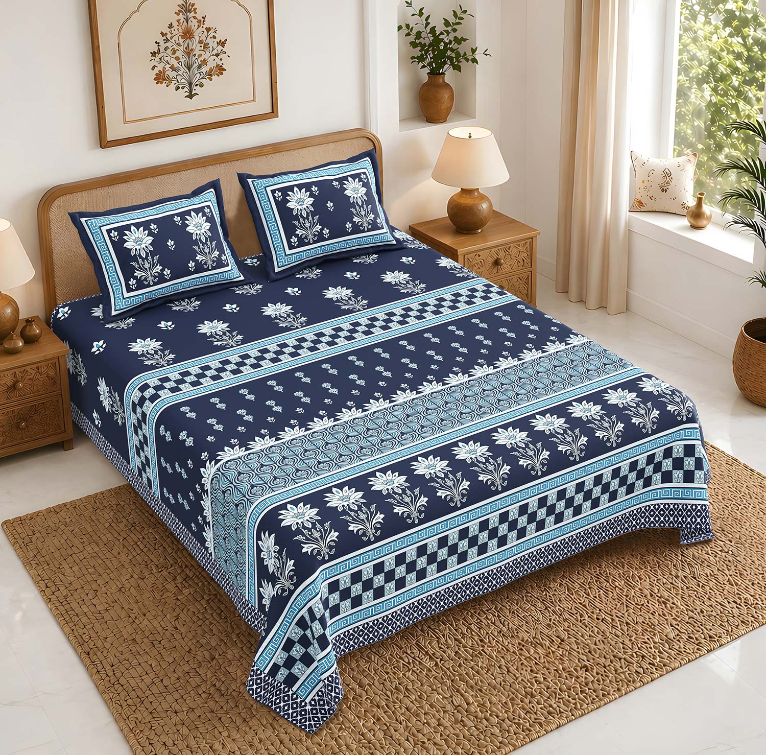 Pure Cotton King Size Bedsheet 108x108 Inch | Royal Blue Floral Print