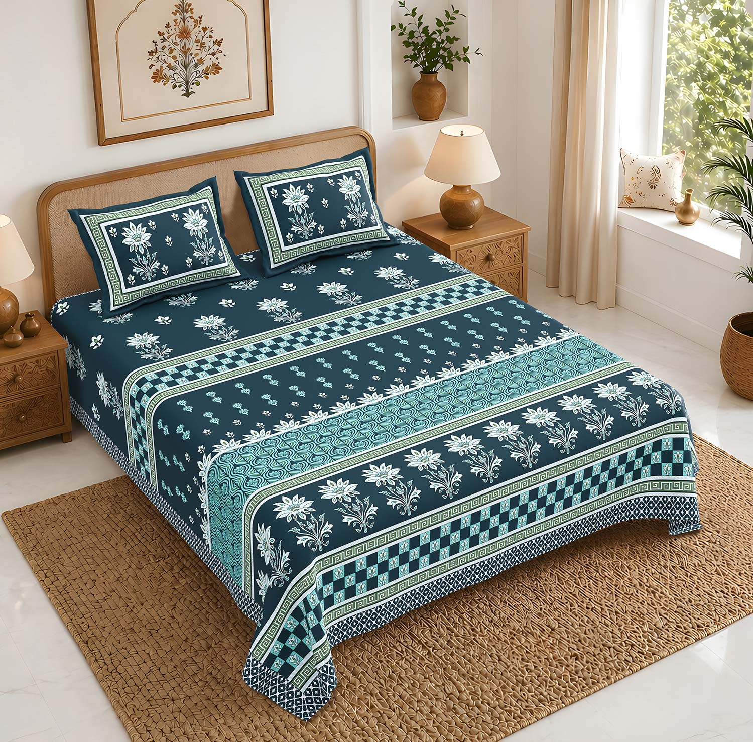 Pure Cotton King Size Bedsheet 108x108 Inch | Teal Blue Floral Print