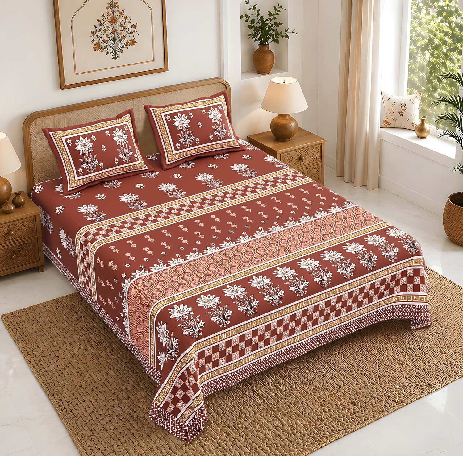 Pure Cotton King Size Bedsheet 108x108 Inch | Rust Brown Floral Print