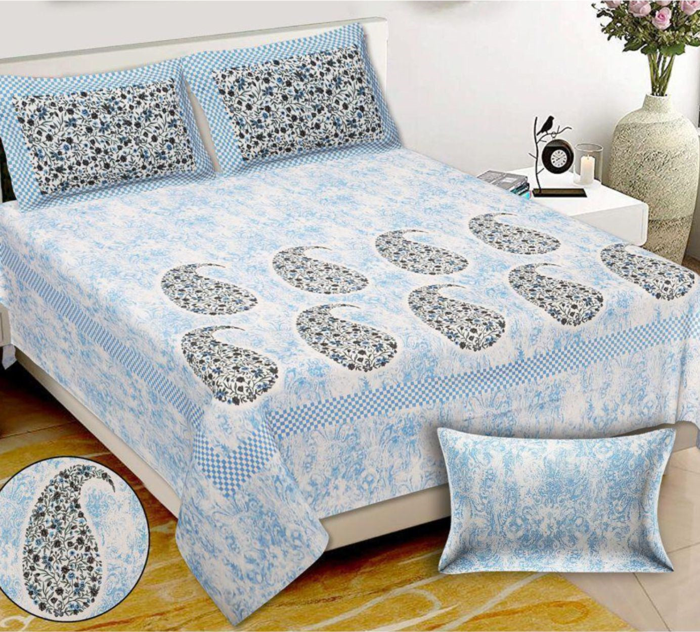Elegant Blue Paisley Floral Design King Size Bedsheet 100x108