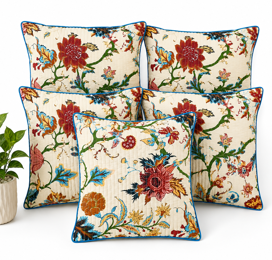 Anokhi Floral Quilted Cotton Cushion Cover Set of 5