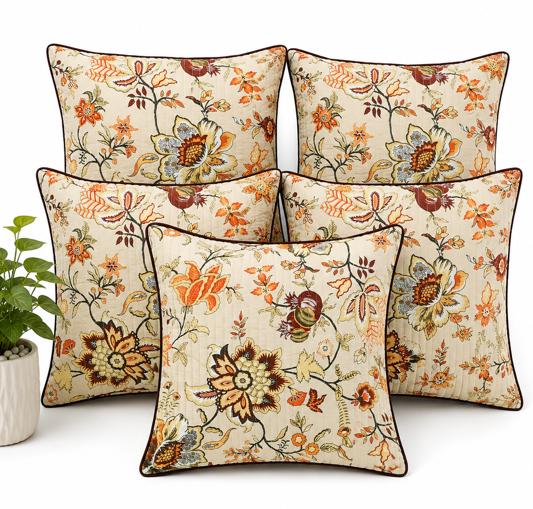 Anokhi Heritage Floral Quilted Cotton Cushion Cover Set of 5