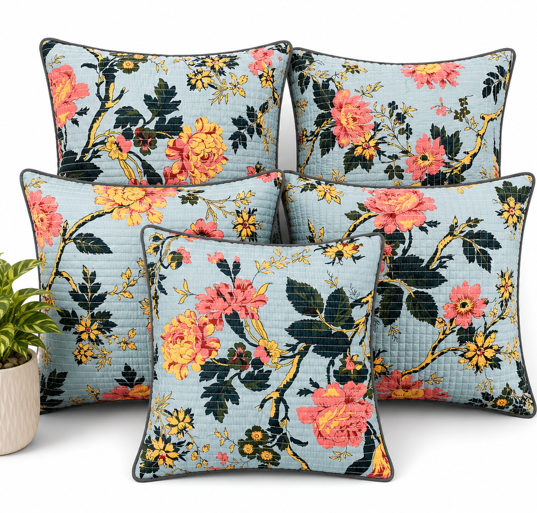 Anokhi Blue Blossom Quilted Cotton Cushion Cover Set of 5
