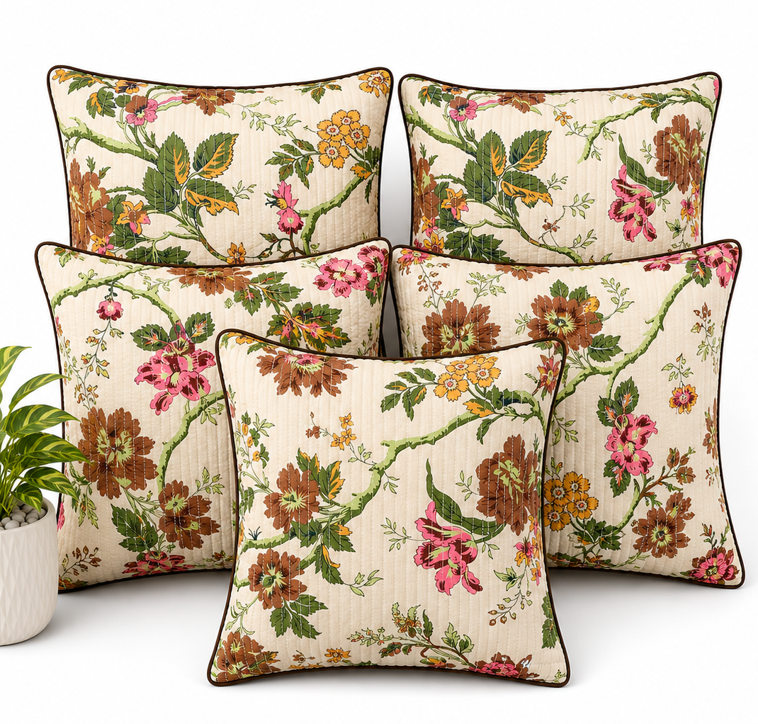 Anokhi Vintage Garden Quilted Cotton Cushion Cover Set of 5
