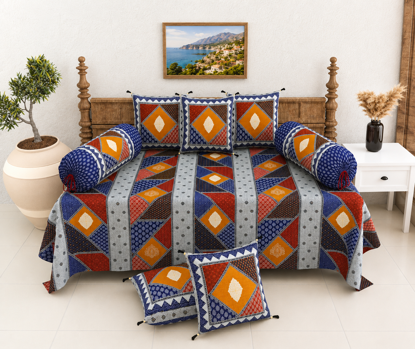 Pure Cotton Diwan Set with Quilted Cushion & Bolster Covers – Blue Geometric Patchwork Inspired Design