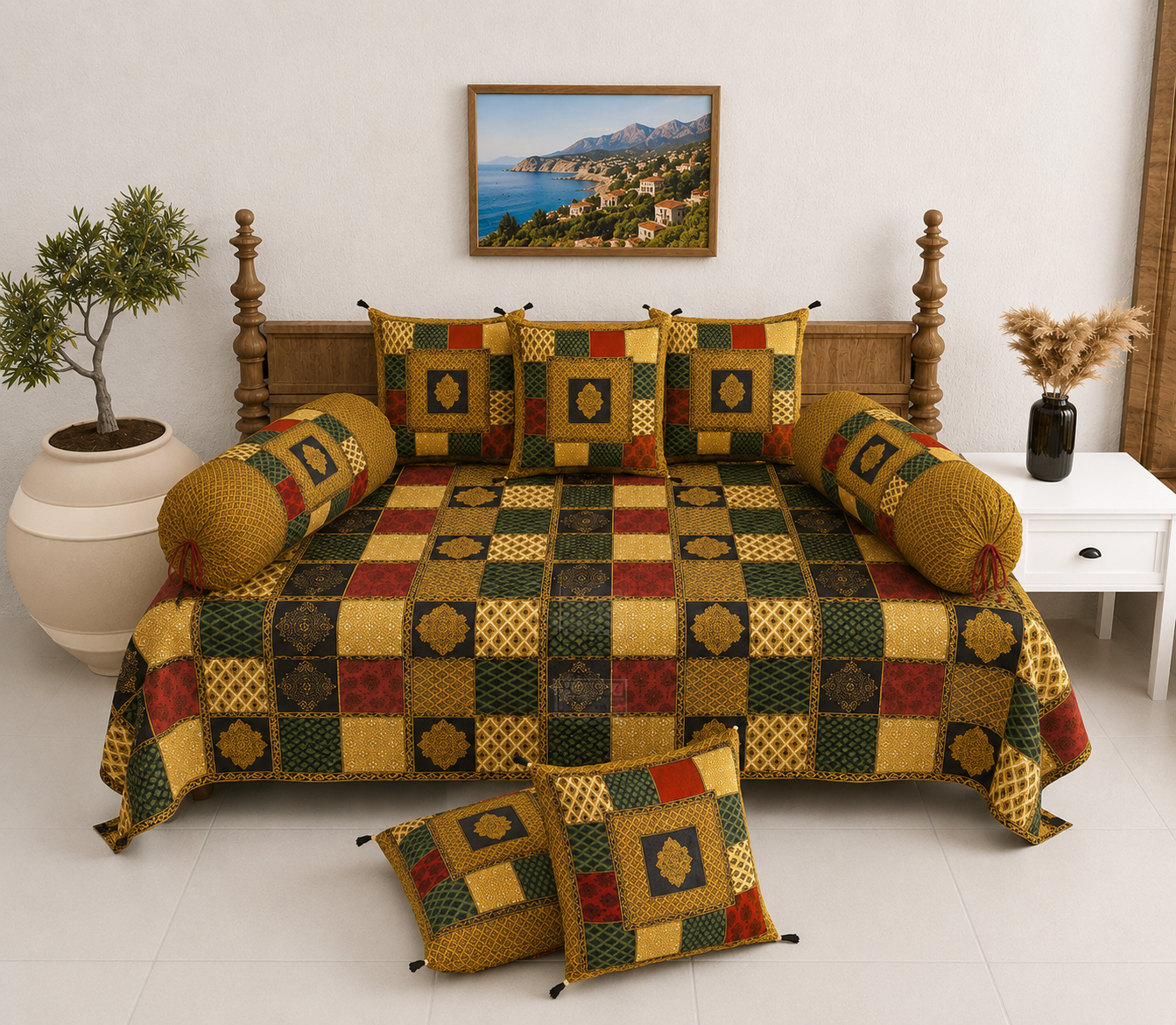 Pure Cotton Diwan Set with Quilted Cushion & Bolster Covers – Mustard Green Patchwork Inspired Design