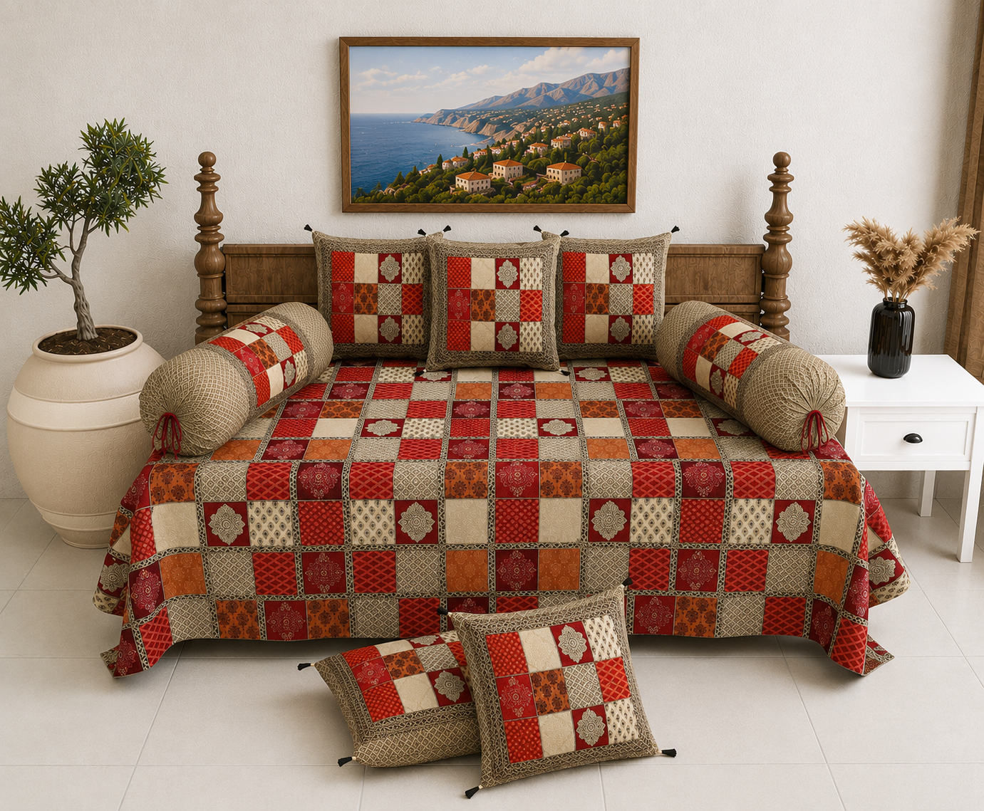Pure Cotton Diwan Set with Quilted Cushion & Bolster Covers – Red Beige Checkered Patchwork Inspired Design