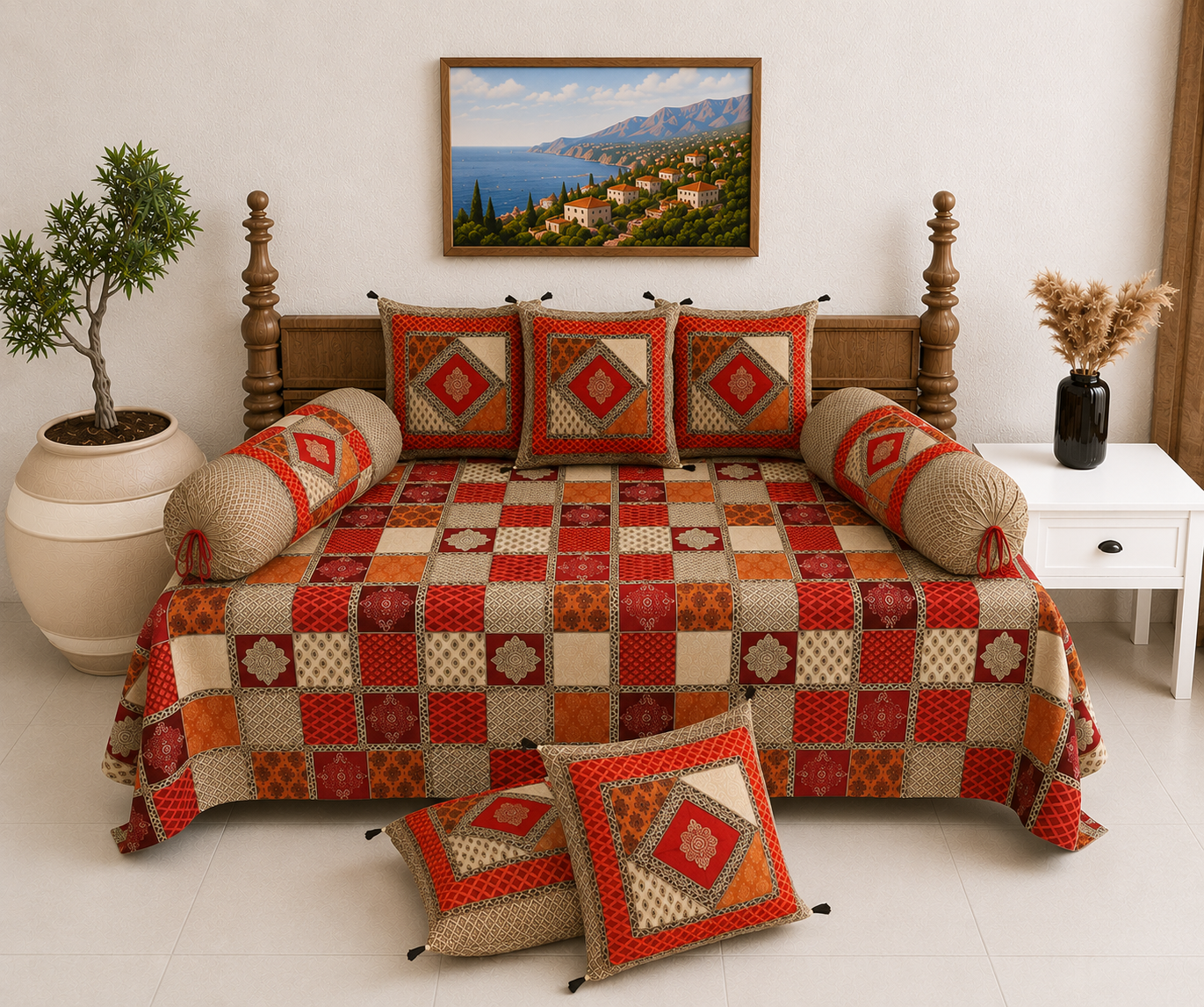Pure Cotton Diwan Set with Quilted Cushion & Bolster Covers – Red Orange Diamond Patchwork Inspired Design