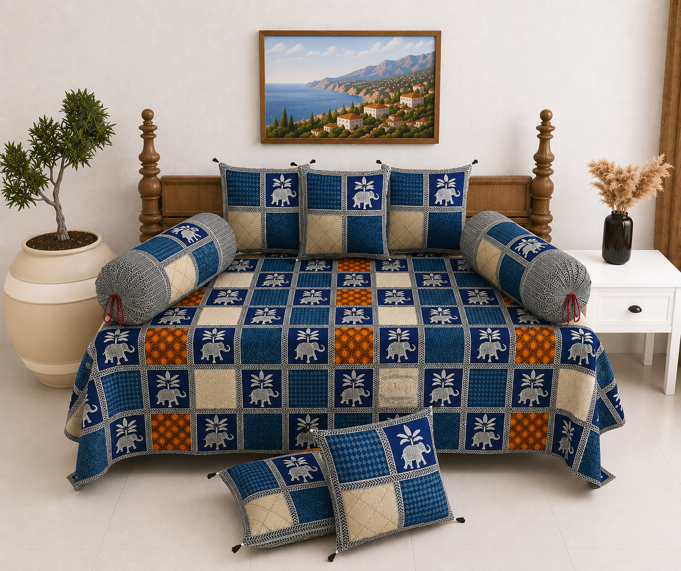 Pure Cotton Diwan Set with Quilted Cushion & Bolster Covers – Blue Elephant Checkered Print Design