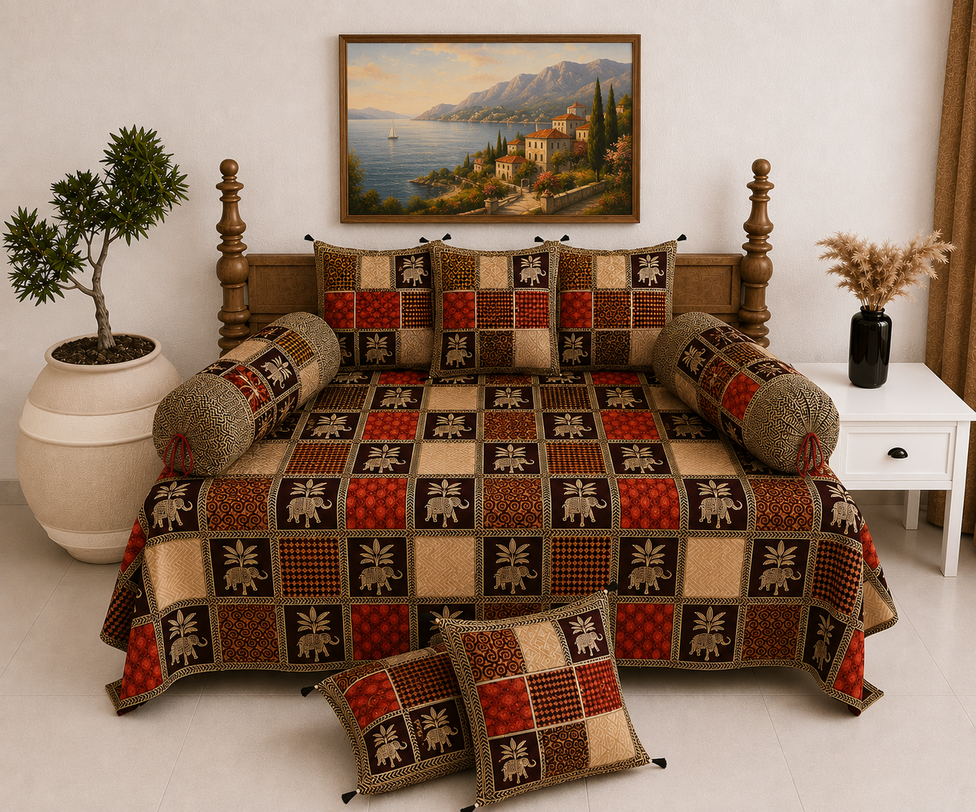 Pure Cotton Diwan Set with Quilted Cushion & Bolster Covers – Brown Elephant Checkered Print Design