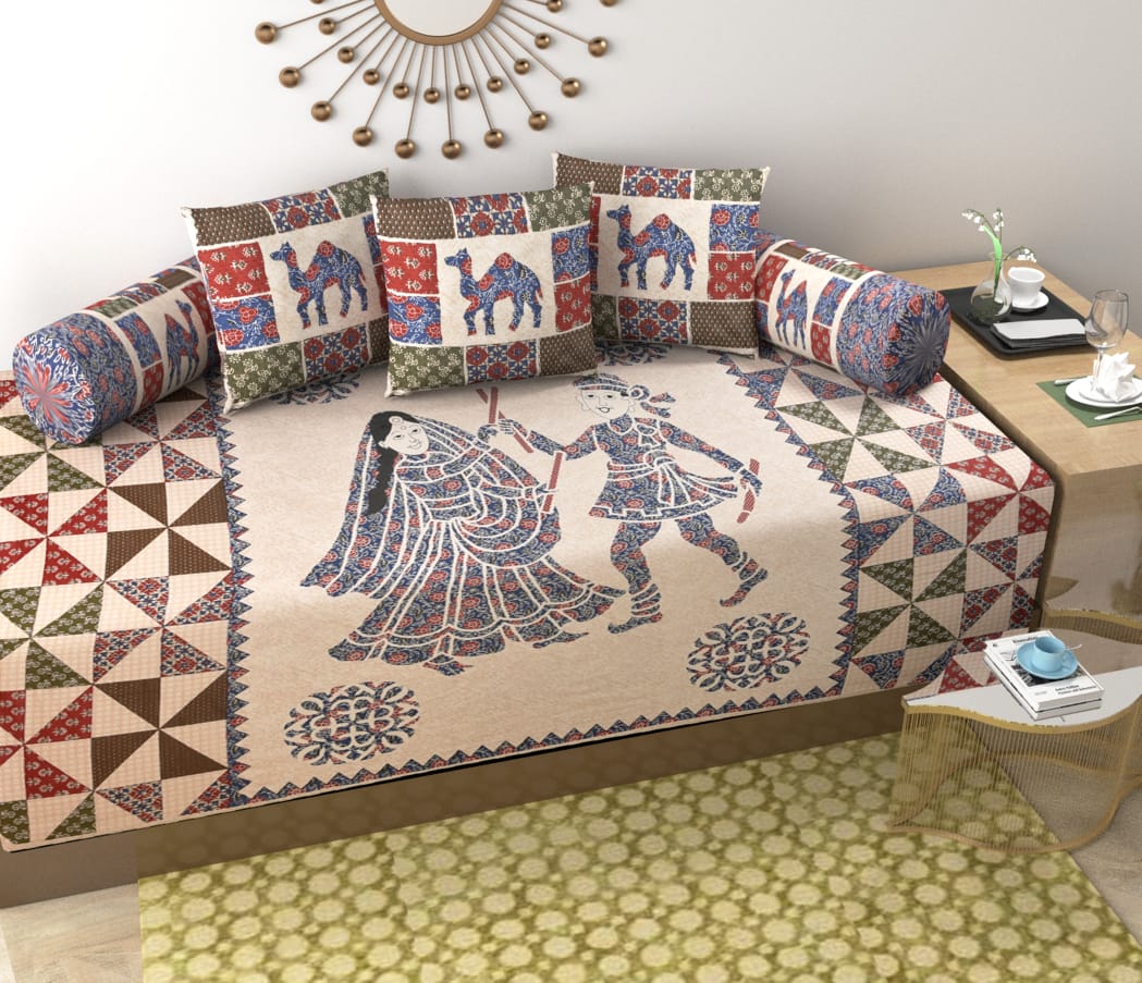 Pure Cotton Diwan Set with Traditional Folk Art & Camel Print Design