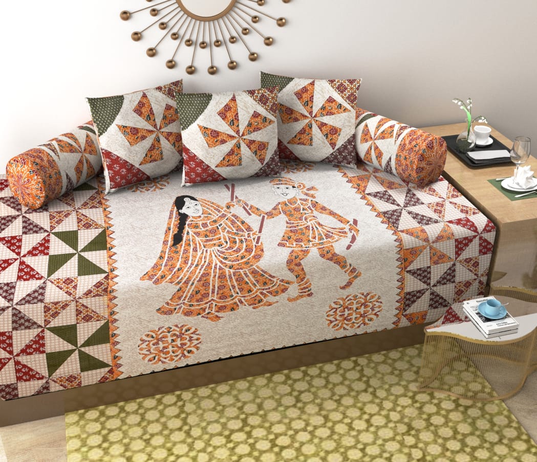 Pure Cotton Diwan Set with Traditional Folk Art Print & Patchwork Inspired Design