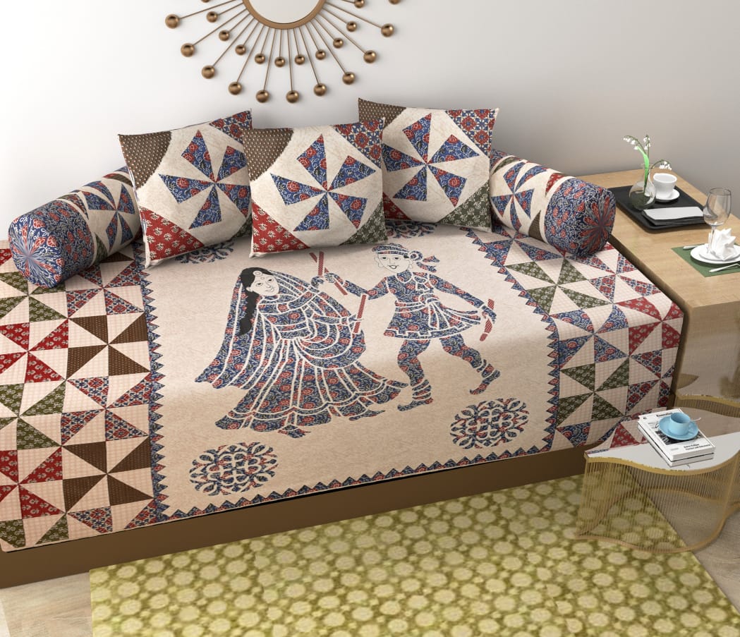 Pure Cotton Diwan Set with Traditional Folk Art Print & Patchwork Inspired Design