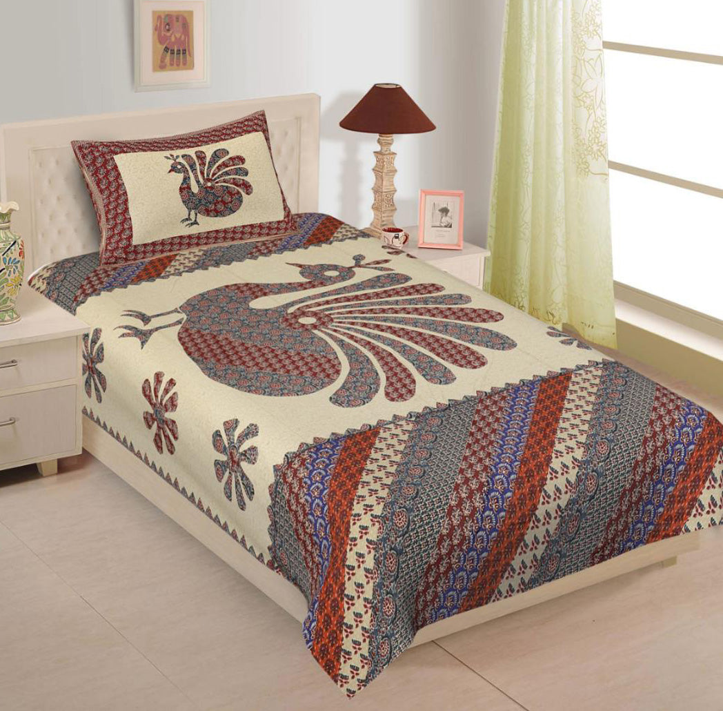 Main Title Peacock Print Cotton Single Bedsheet