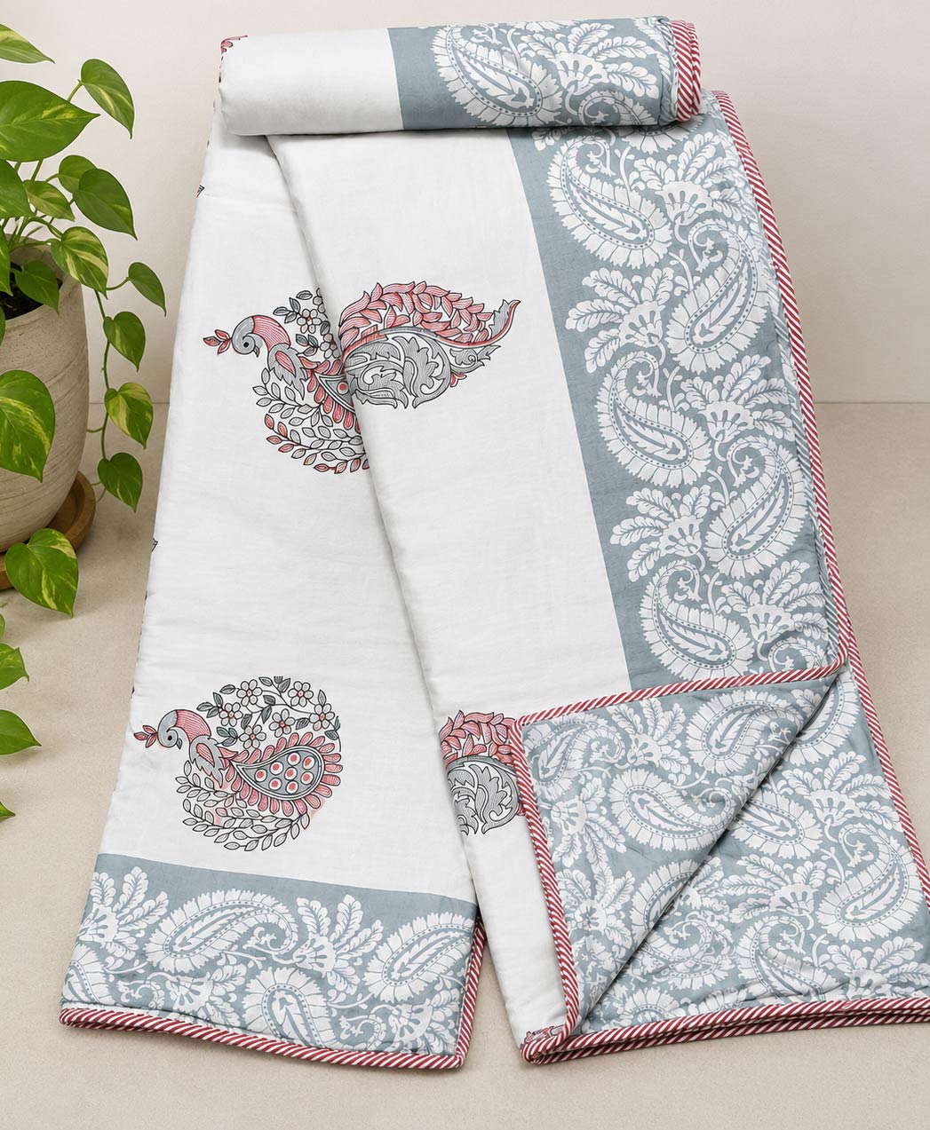 Grey Paisley Bird Print Pure Cotton Malmal Double Dohar