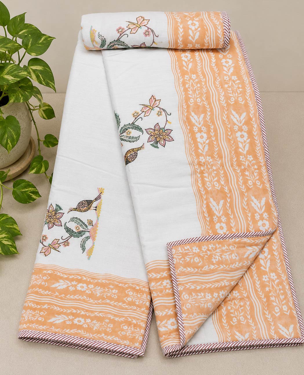 Peach Floral Bird Print Pure Cotton Malmal Double Dohar