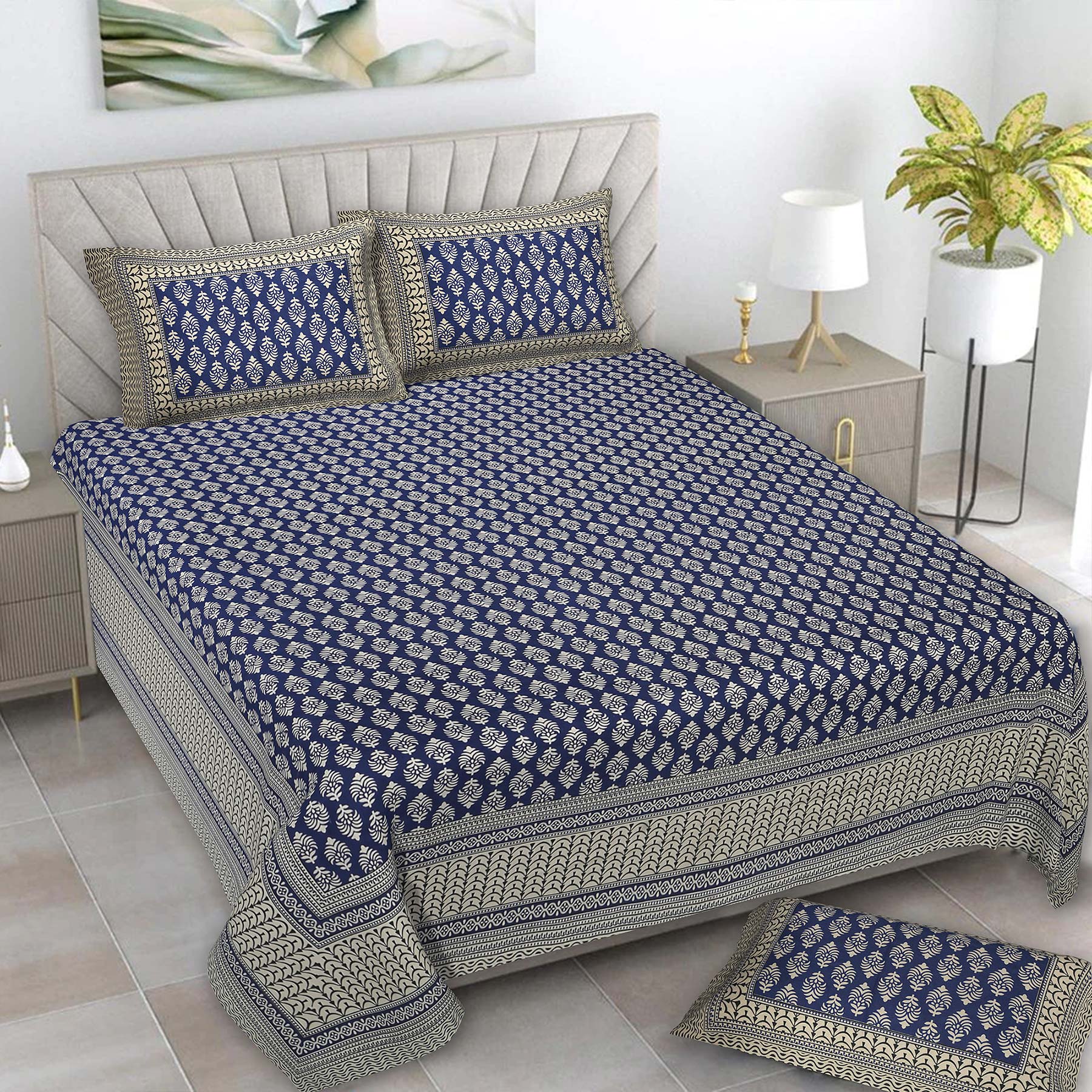 Classic Indigo Floral Print King Size Bedsheet