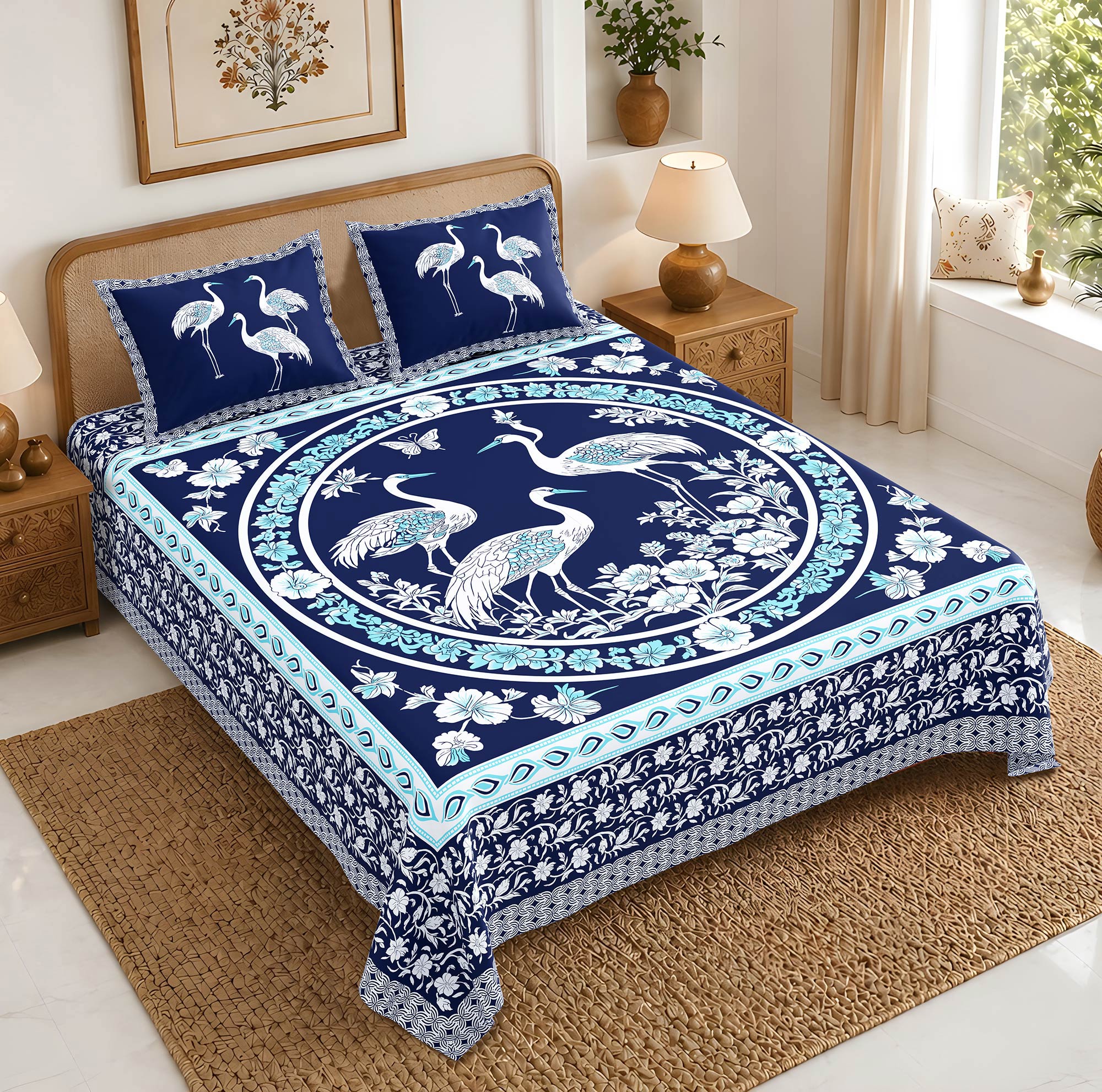 Blue Crane Floral King Size Bedsheet with 2 Pillow Covers