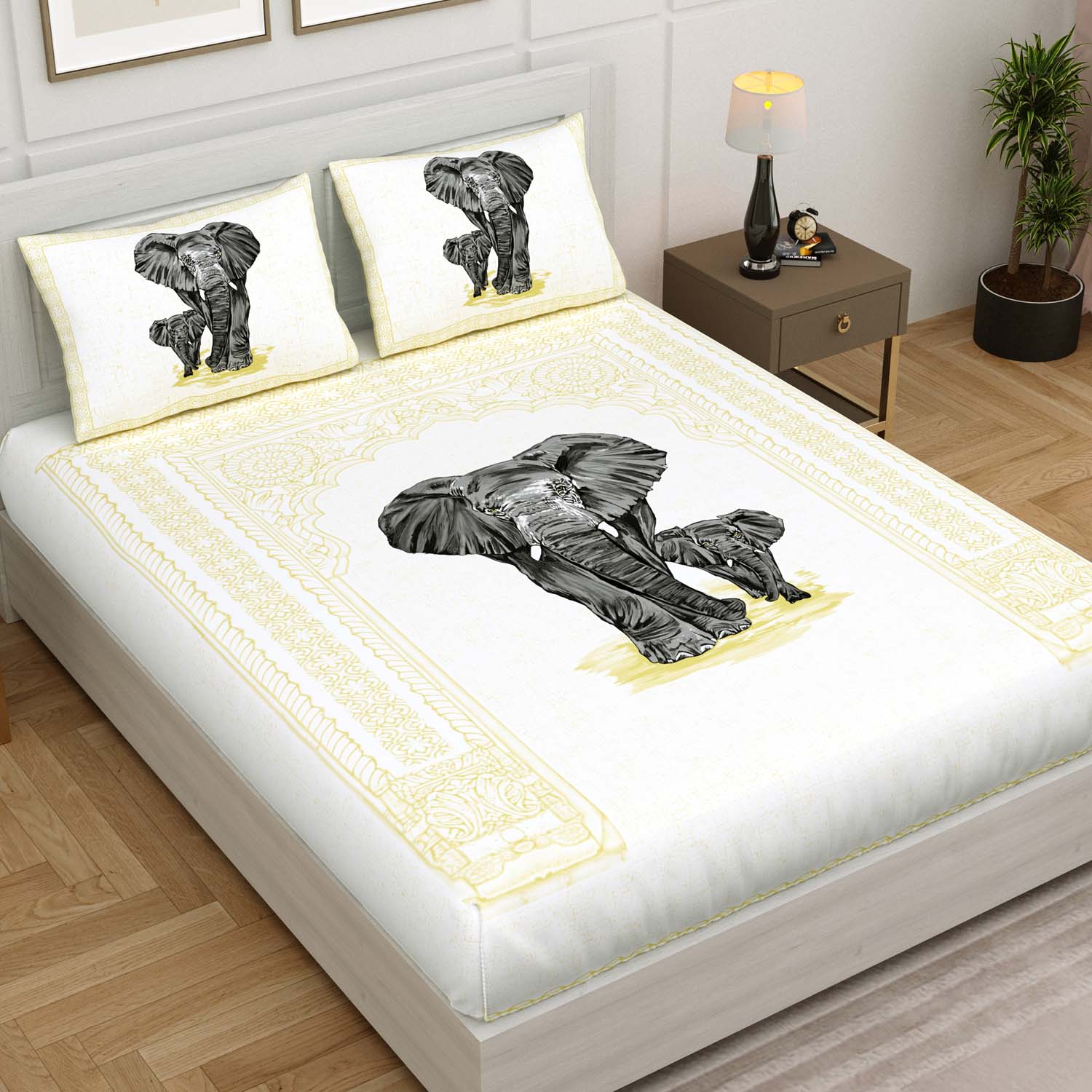 Royal Black Elephant Print King Size Bedsheet 100x108 Inch