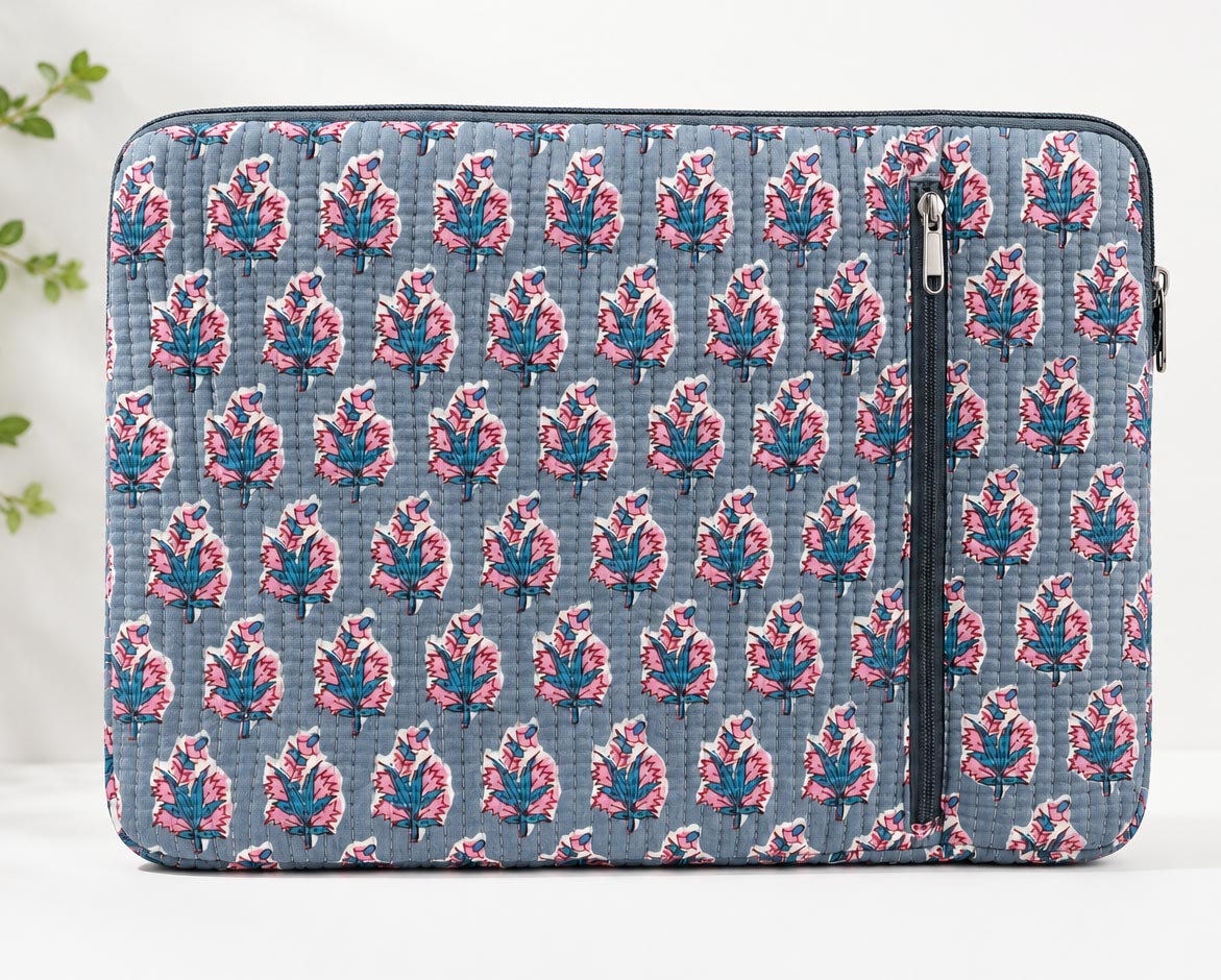 Handblock Quilted Cotton Laptop Sleeve with Front Zipper Pocket