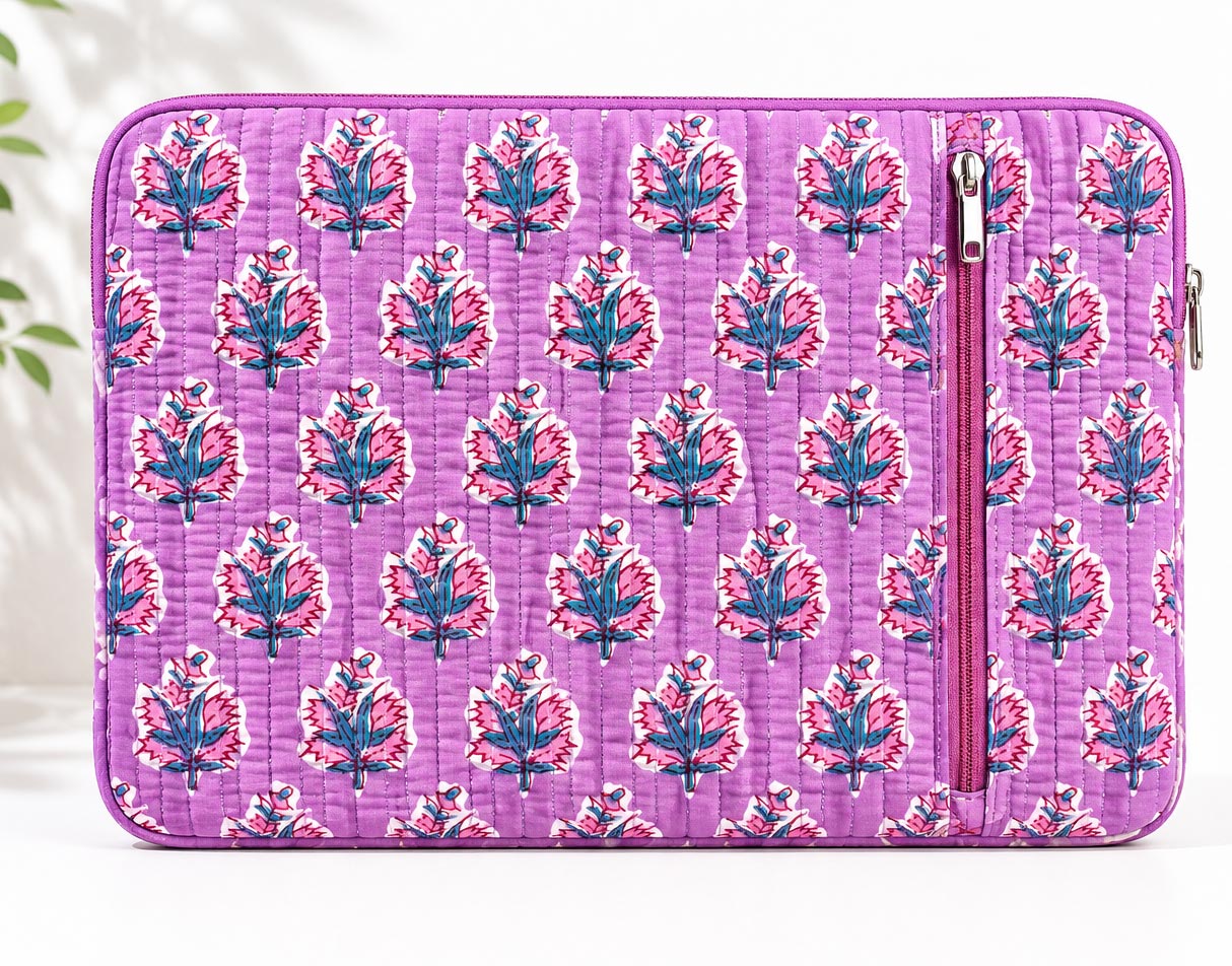 Handblock Quilted Cotton Laptop Sleeve with Front Zipper Pocket – Purple Floral