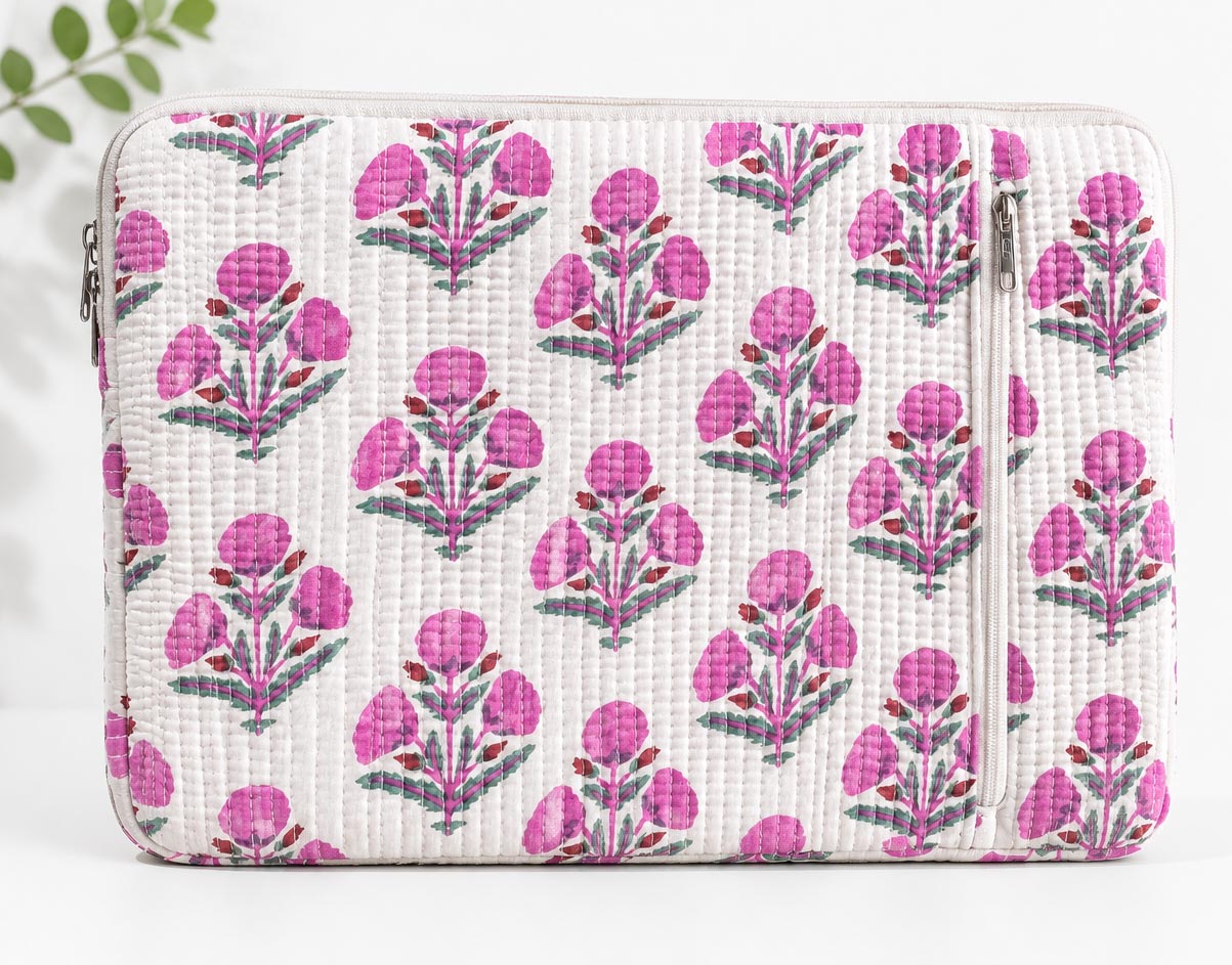 Handblock Quilted Cotton Laptop Sleeve with Front Zipper Pocket – Pink Blossom