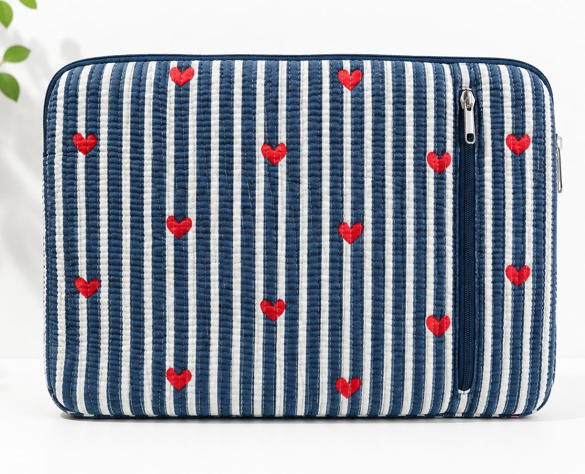 Handblock Quilted Cotton Laptop Sleeve with Front Zipper Pocket – Navy Heart Stripe