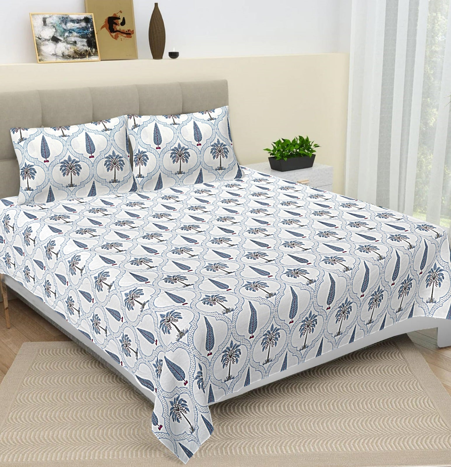 Blue Palm Blossom Premium King Size Bedsheet