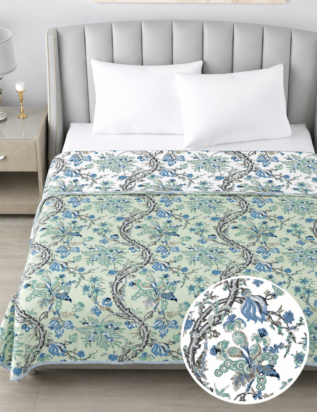 Blue Floral Reversible Cotton Dohar | King Size 90x100 Inches