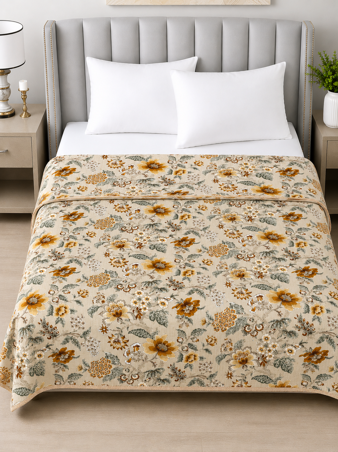 Mustard Floral Reversible Cotton Dohar | King Size 90x100 Inches