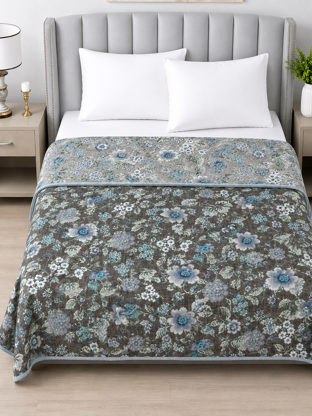 Grey Blue Floral Reversible Cotton Dohar | King Size 90x100 Inches