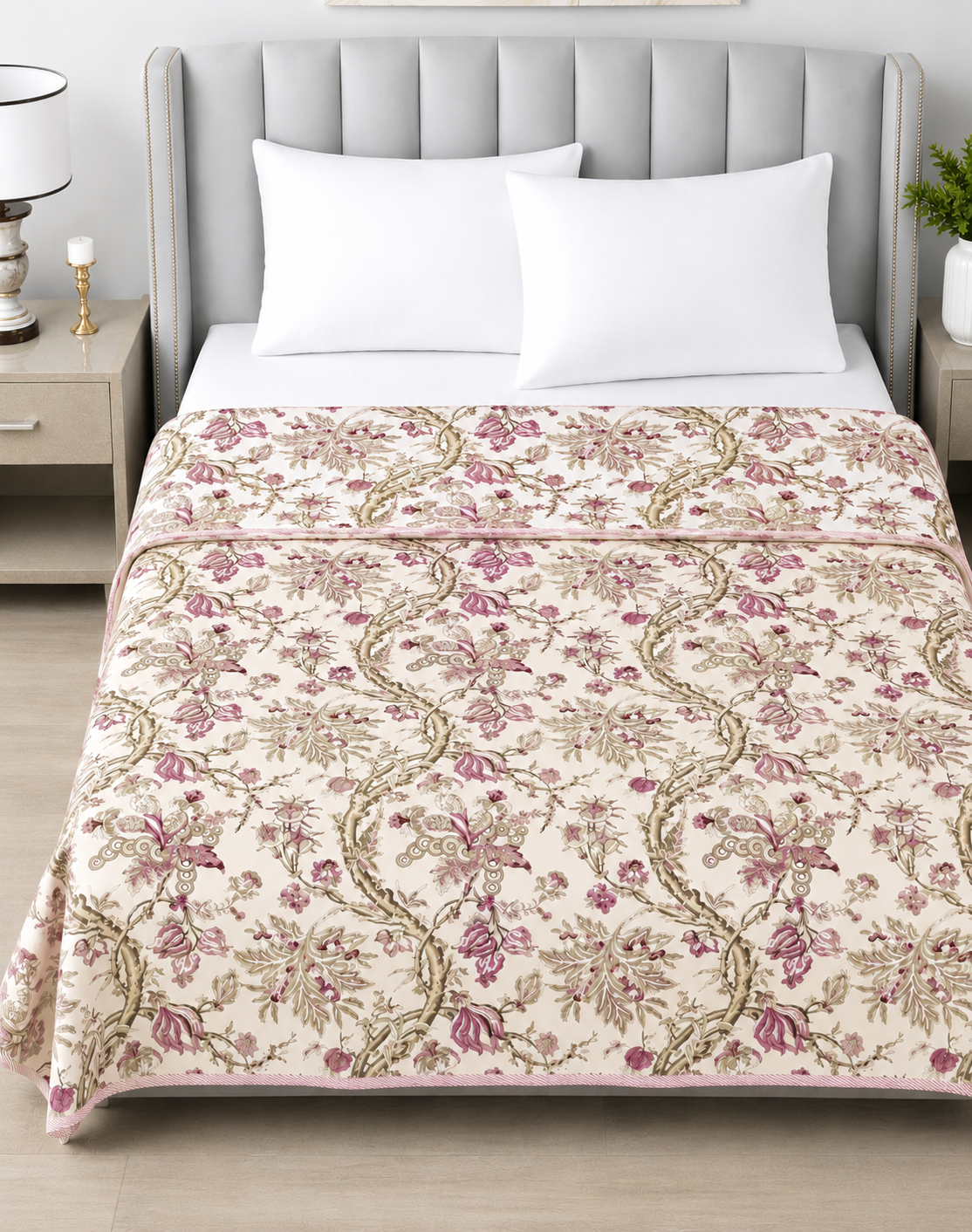 Pink Floral Reversible Cotton Dohar | King Size 90x100 Inches