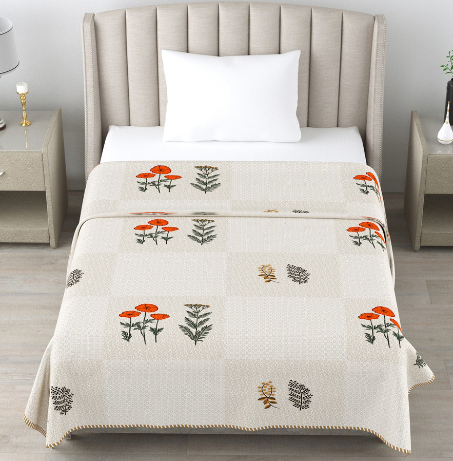 Ivory Orange Floral Cotton Dohar Pack of 2 | 3 Layer Single Dohar | 63x90 Inches
