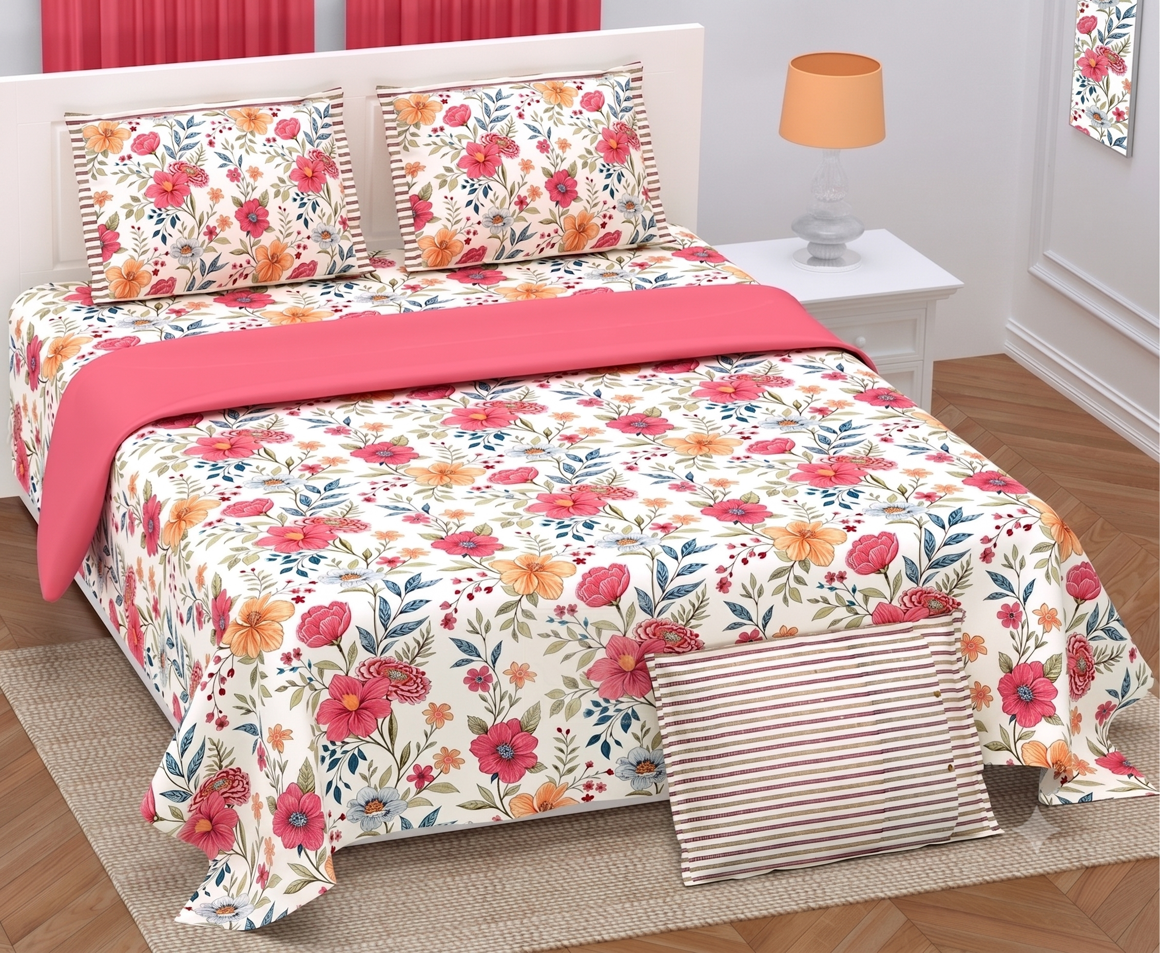 Coral Peach Floral Twill Cotton King Size Bedsheet