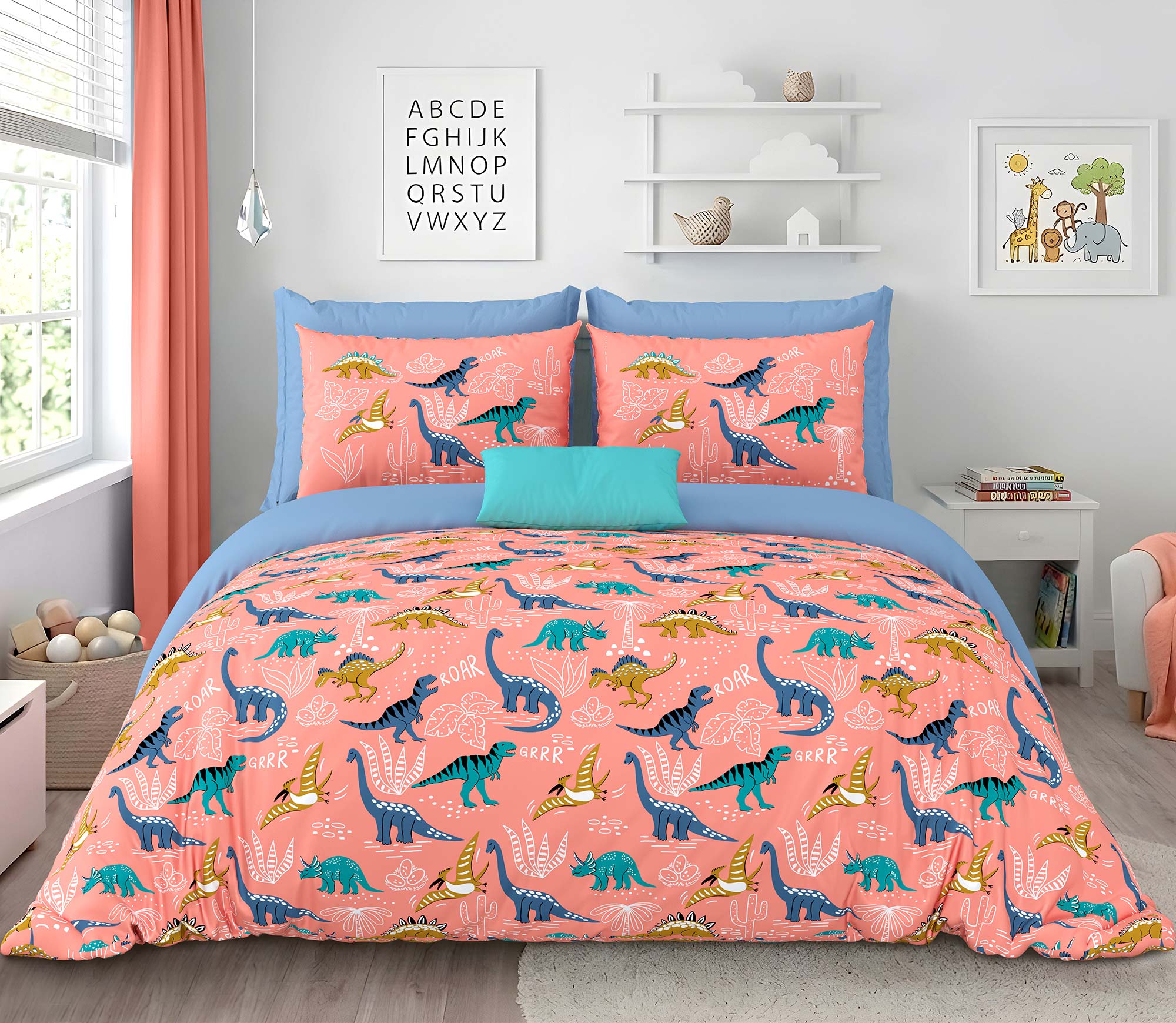 Pink Blue Dino Roar Kids Double Bedsheet 100x108 inch