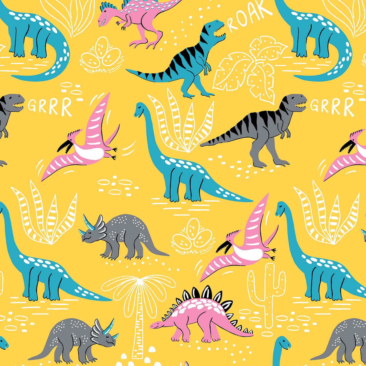 Pathshala Dino Roar Kids King Bedsheet – Yellow Cartoon Dinosaur Print