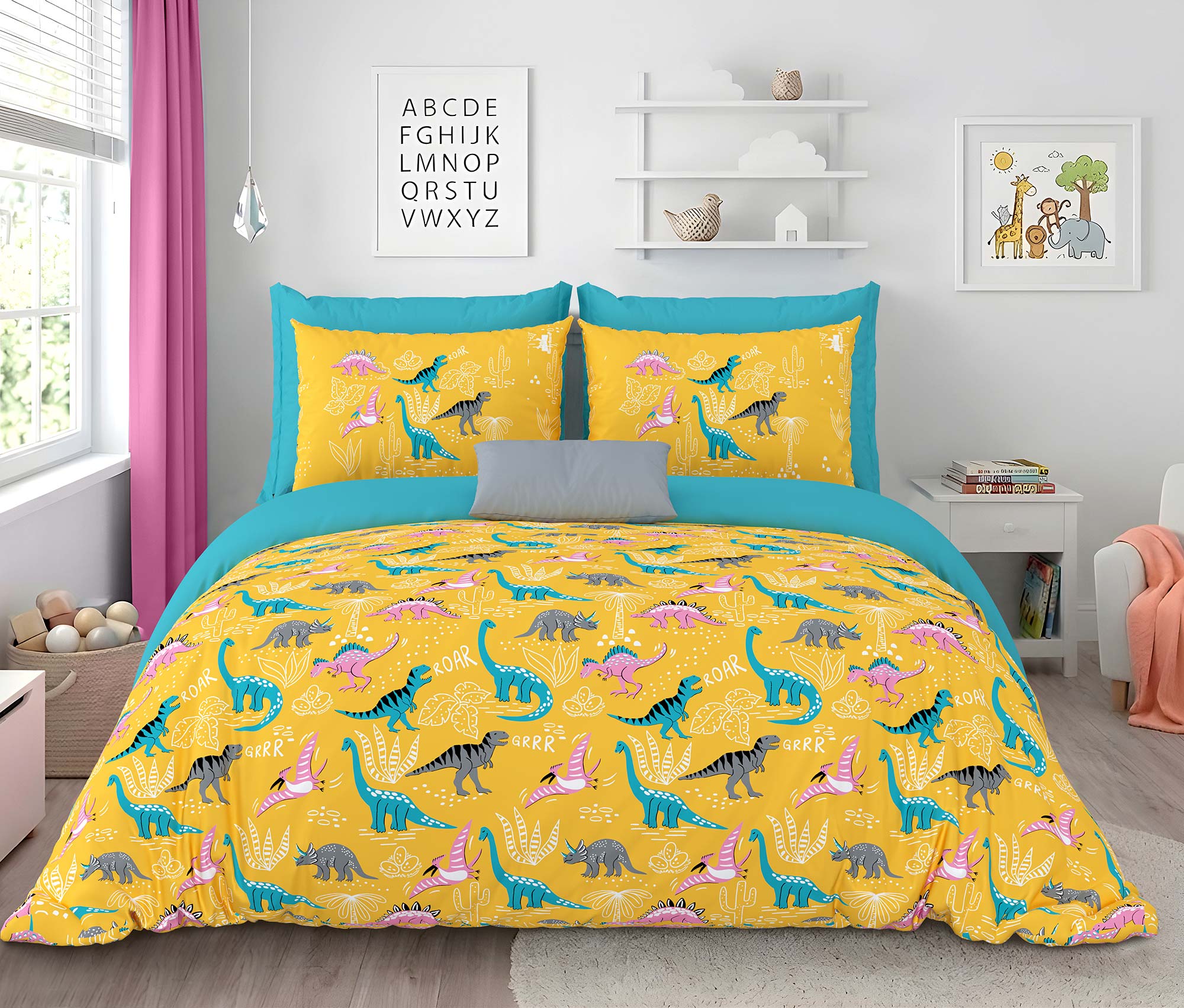 Pathshala Dino Roar Kids King Bedsheet – Yellow Cartoon Dinosaur Print