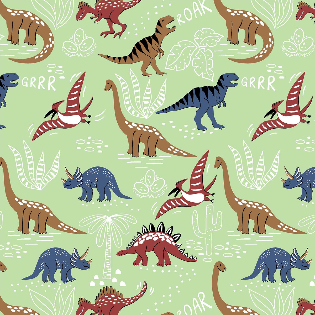 Pathshala Dino Adventure Kids King Bedsheet – Green Cartoon Dinosaur Print
