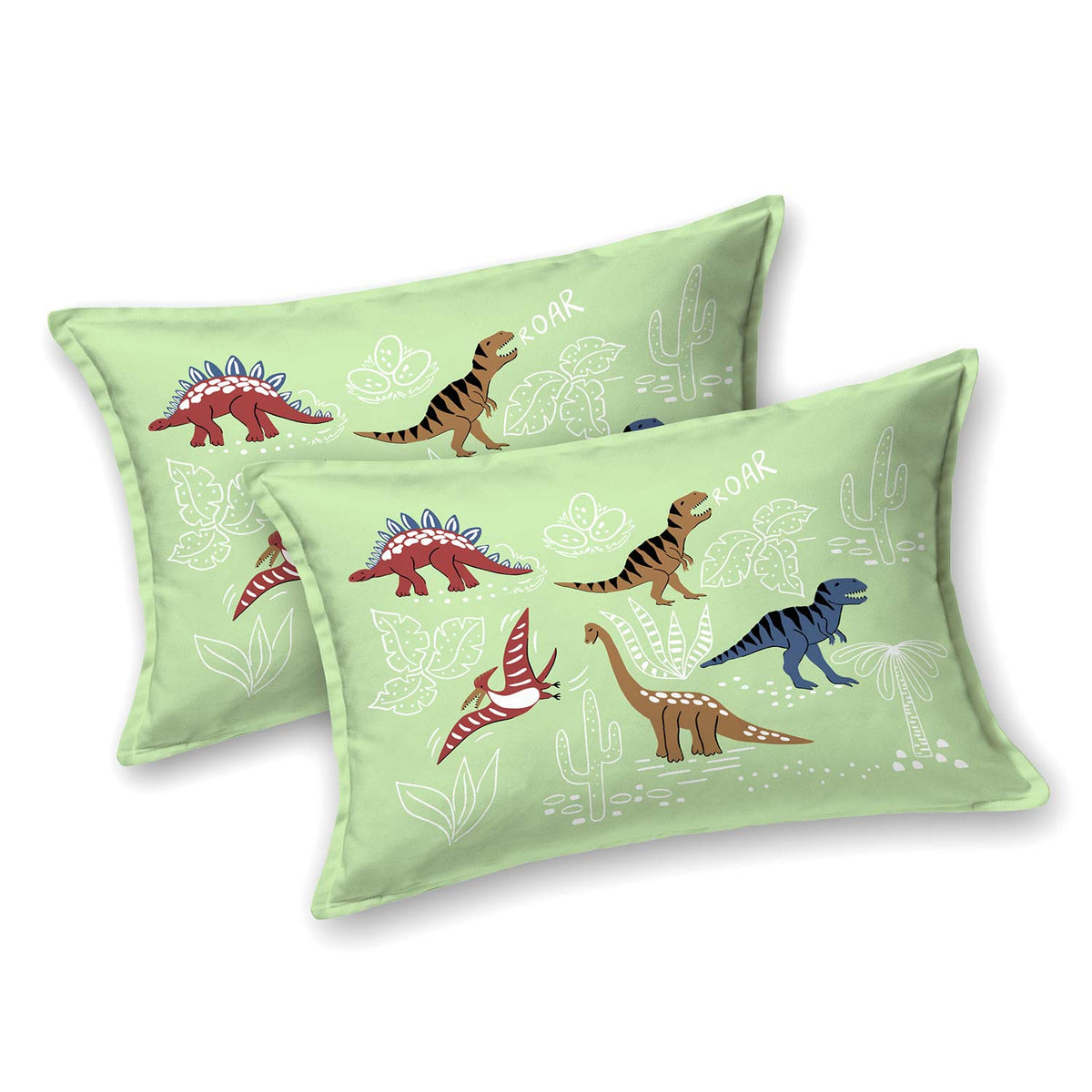 Pathshala Dino Adventure Kids King Bedsheet – Green Cartoon Dinosaur Print