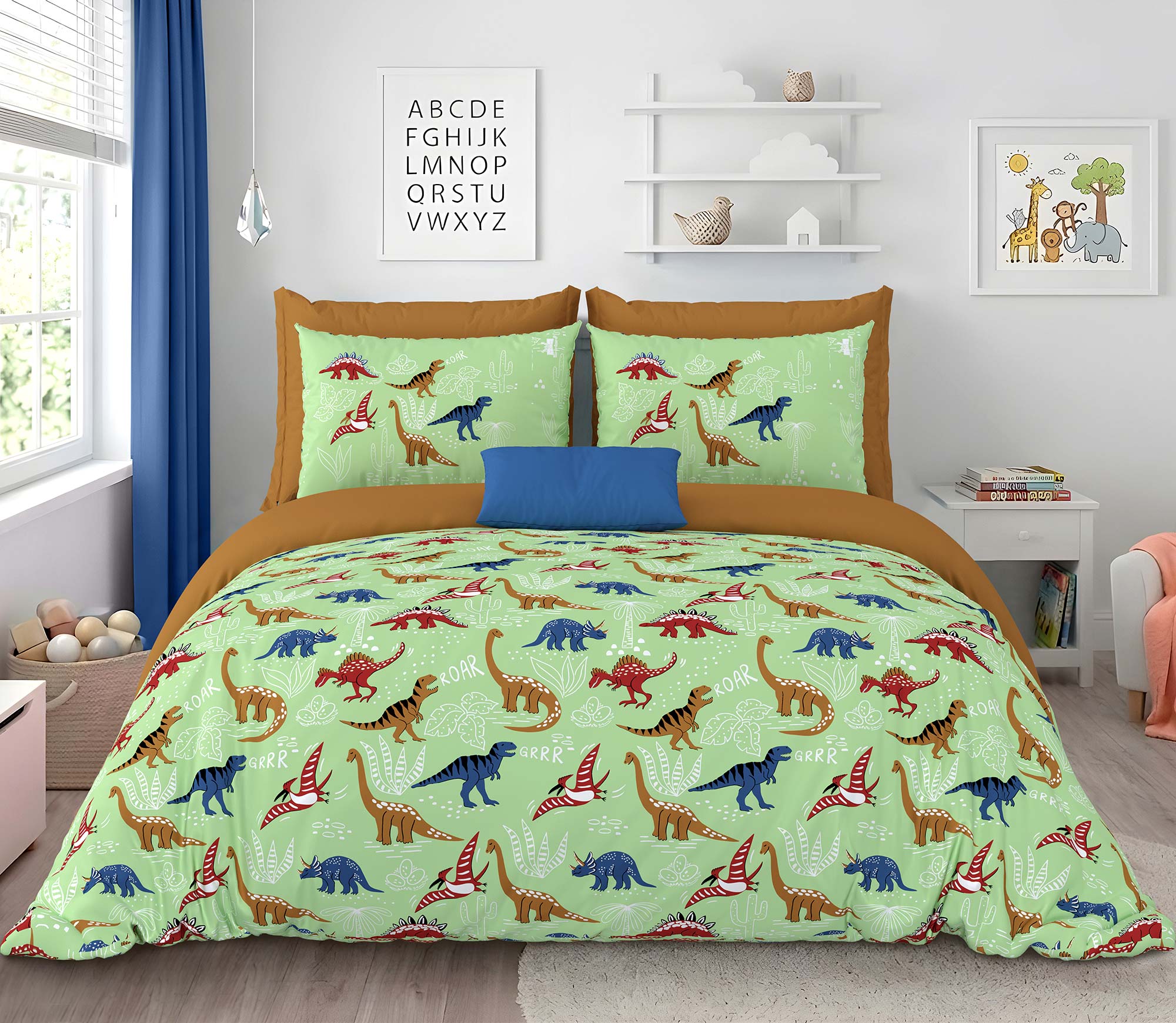Pathshala Dino Adventure Kids King Bedsheet – Green Cartoon Dinosaur Print