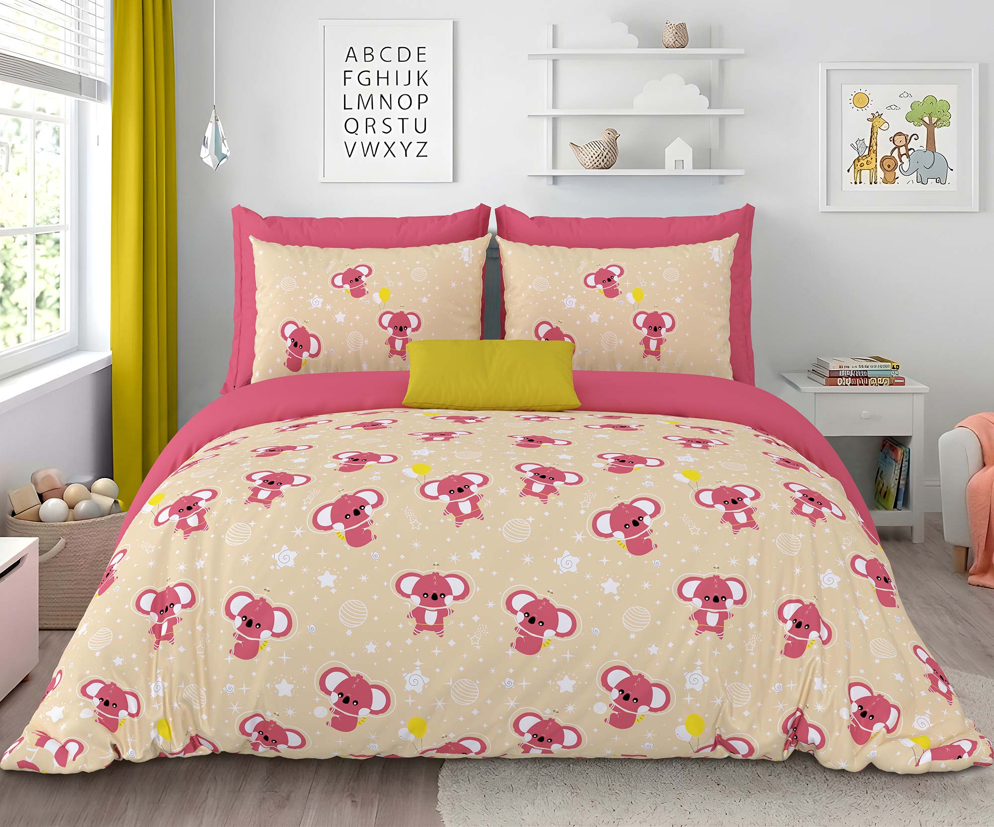 Pathshala Kids Cartoon Print Bedsheet – Beige & Pink