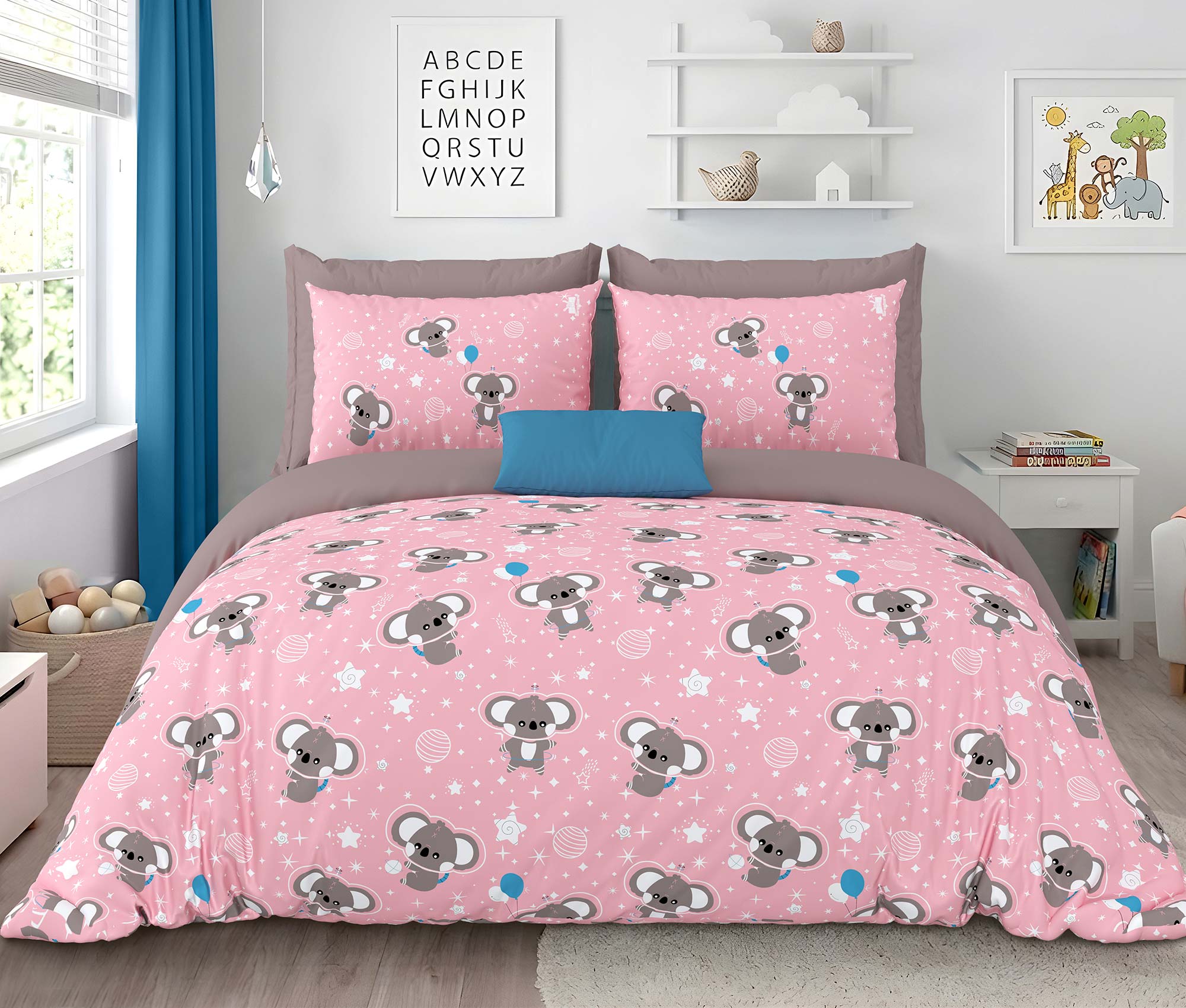 Pathshala Kids Cartoon Print Bedsheet – Pink & Grey