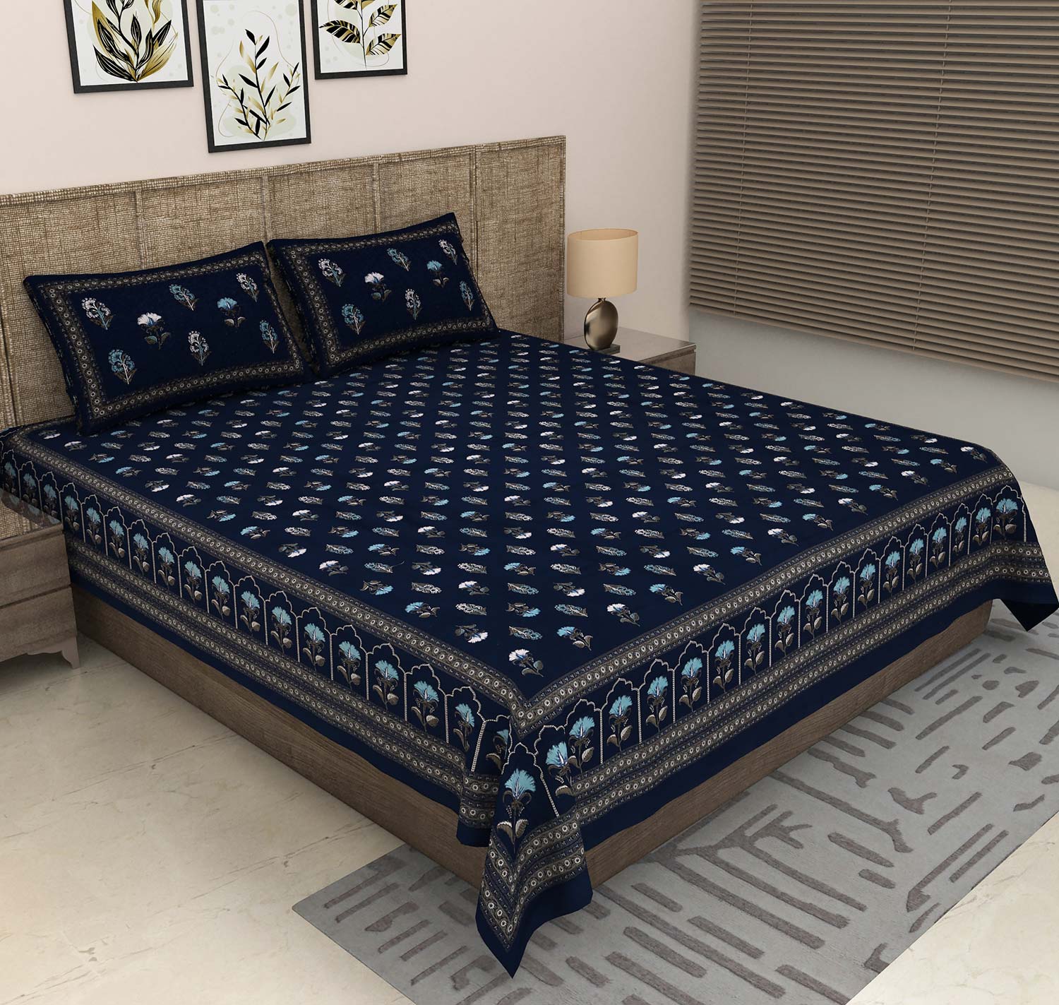 Rajwara Blue Floral King Size Bedsheet – Discharge Print