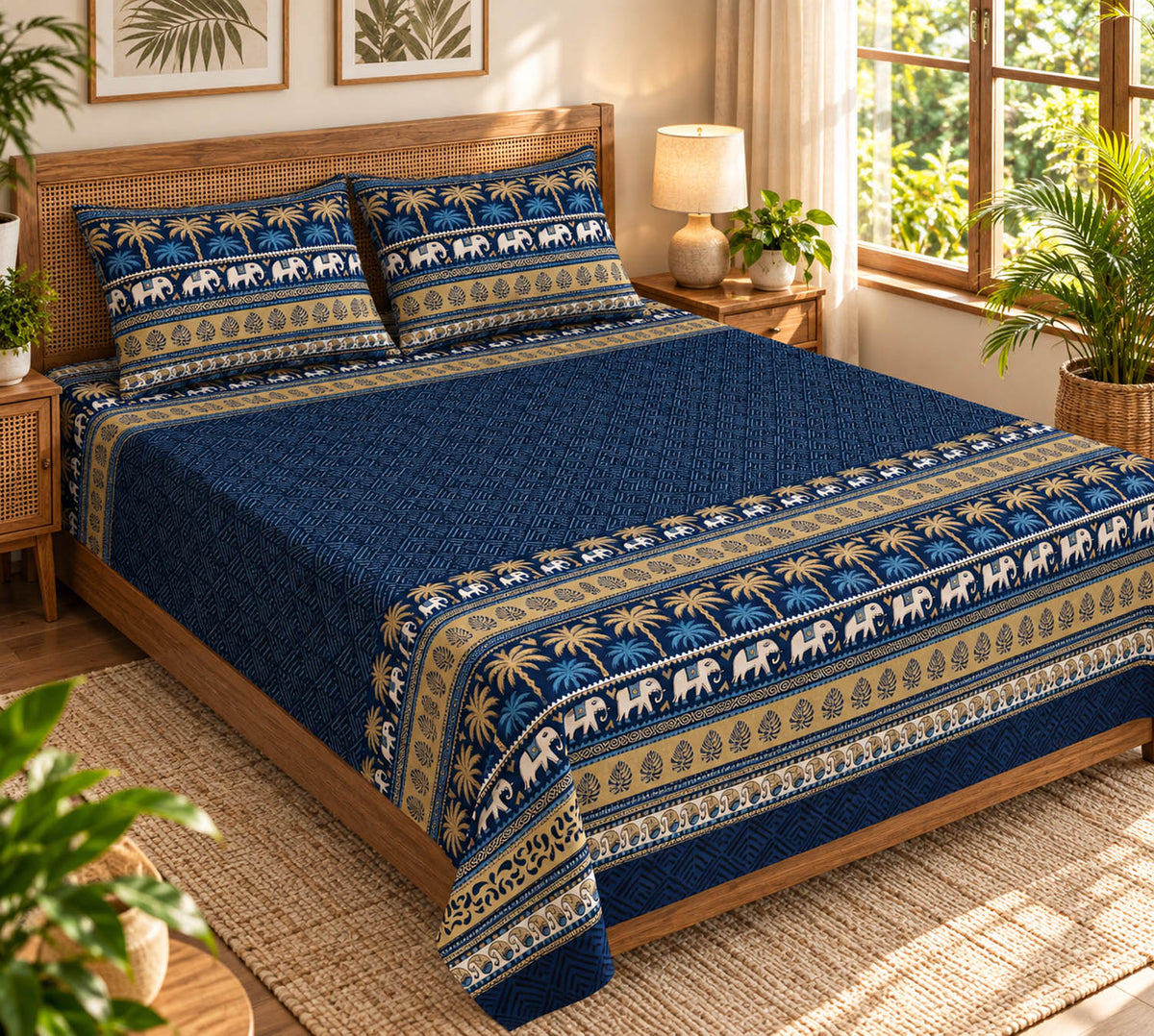 Pure Cotton King Size Bedsheet with Traditional Elephant & Palm Tree Print in Navy Blue & Beige