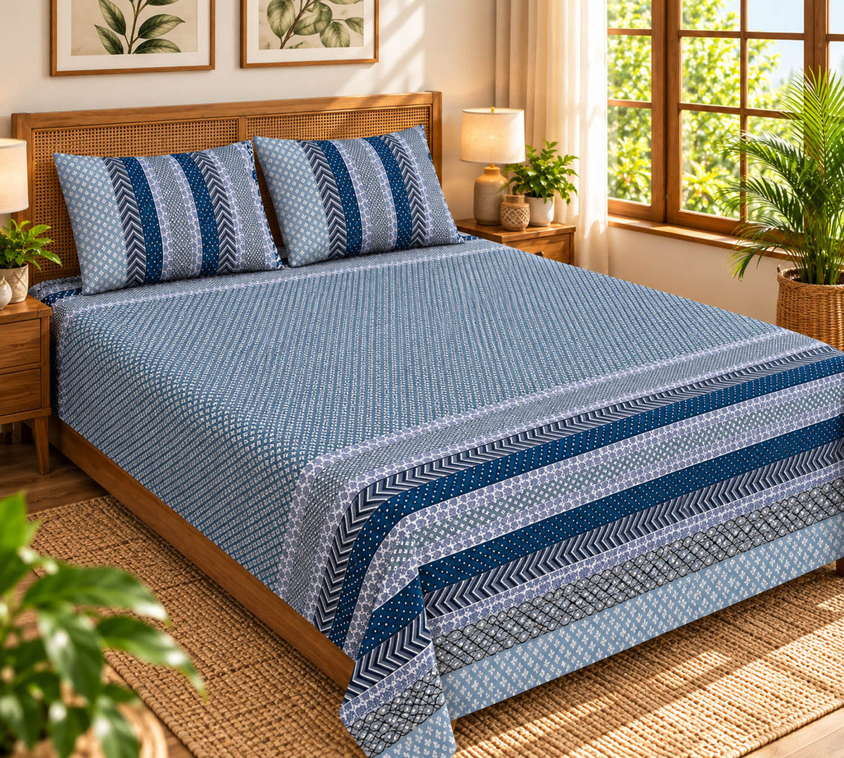 FabricRaja Pure Cotton King Size Bedsheet with Geometric Stripe Print in Blue and Grey