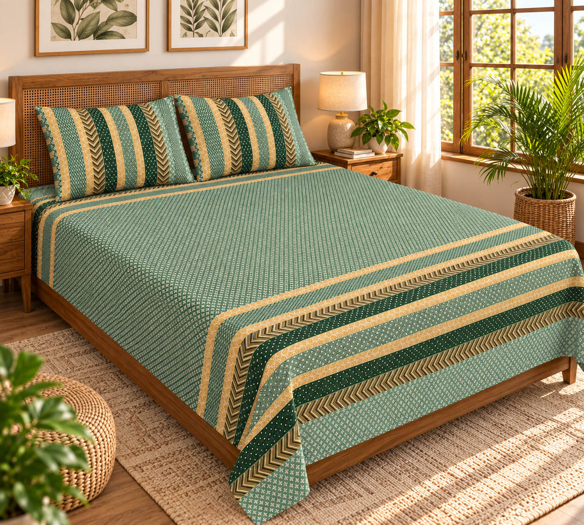 FabricRaja Pure Cotton King Size Bedsheet with Geometric Stripe Print in Sage Green & Beige