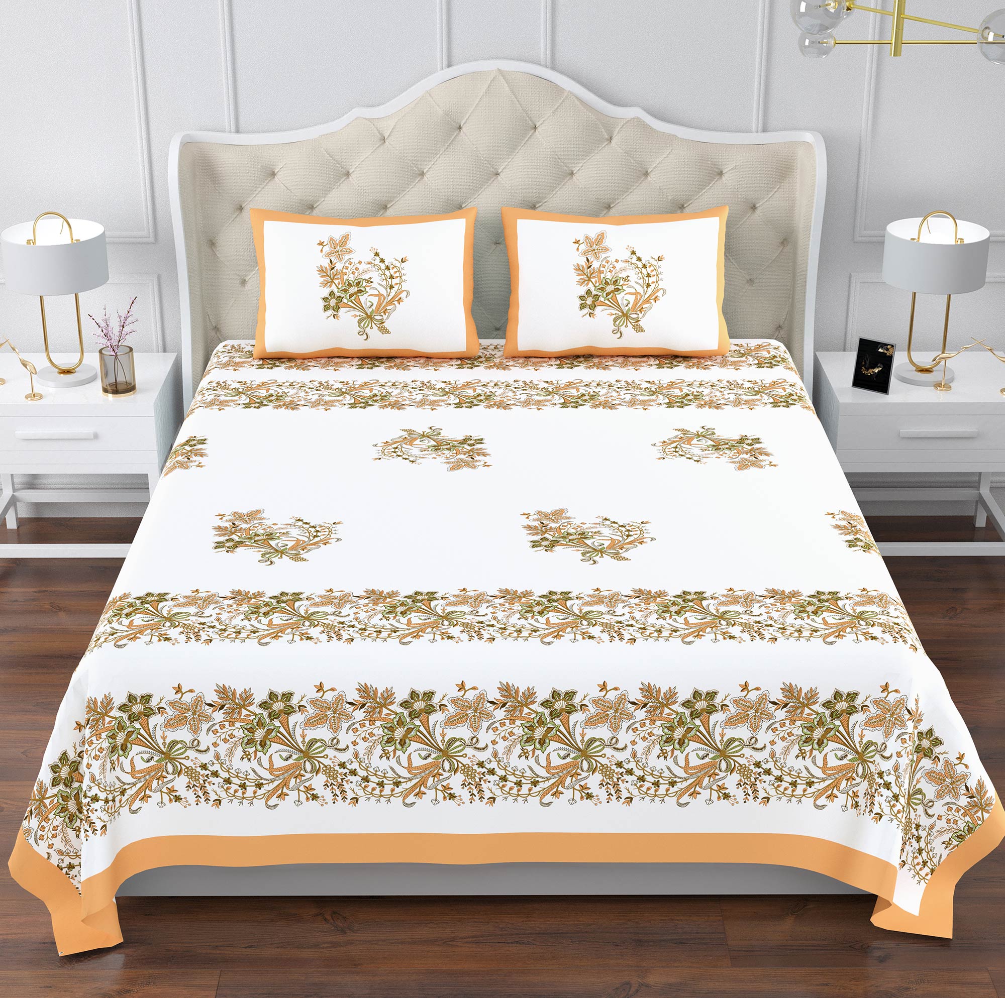 Elegant Floral Border Print King Size Bedsheet – Peach Edition