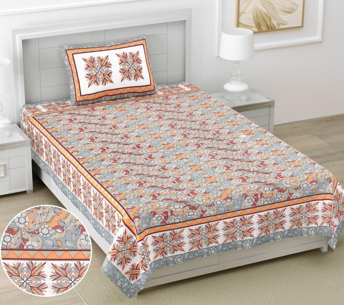 Grey & Peach Floral Print Cotton Single Bedsheet