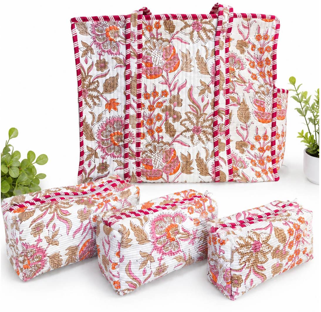 Floral Hand Block Print Quilted Tote Bag Combo with 3 Toiletry Pouches