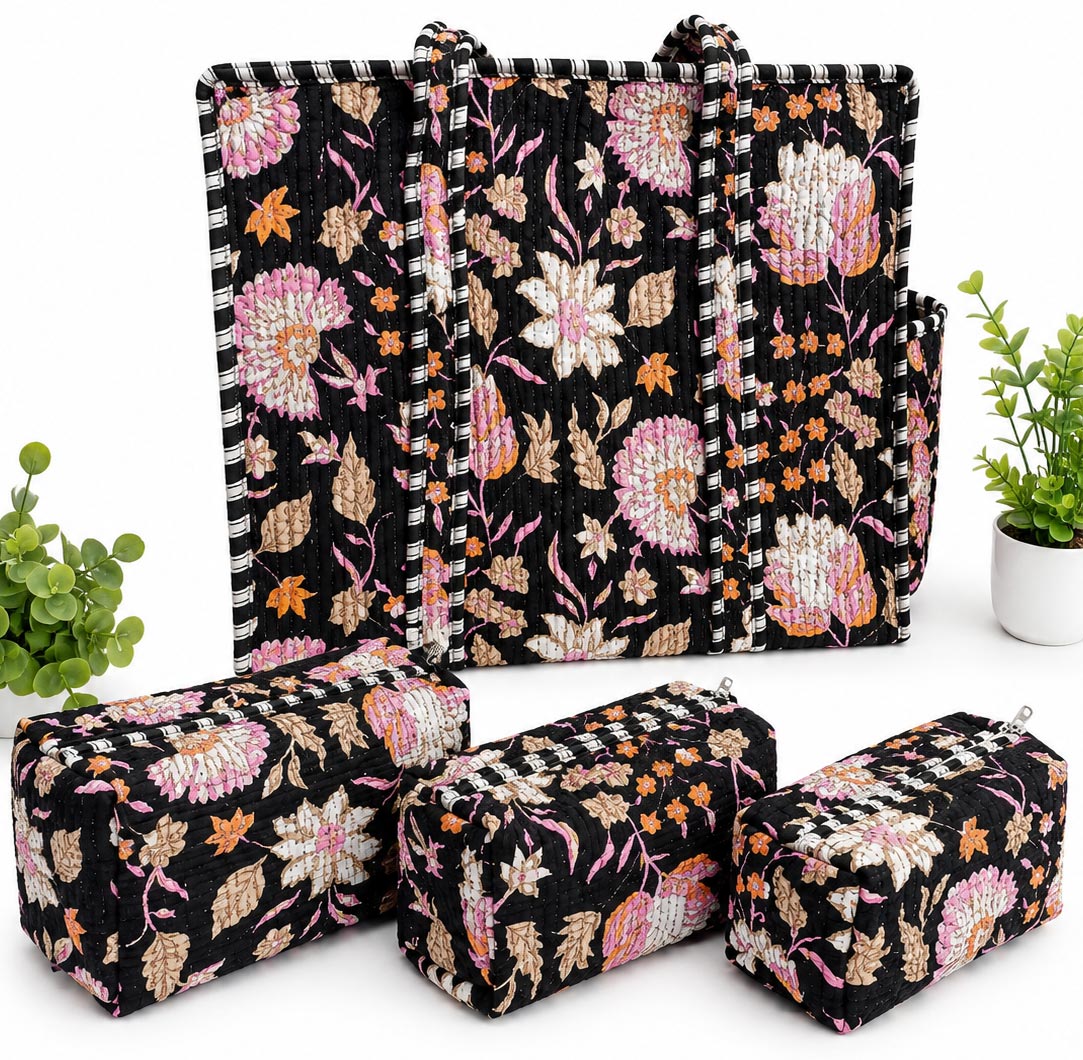 Midnight Floral Hand Block Print Quilted Tote Bag Combo with 3 Toiletry Pouches